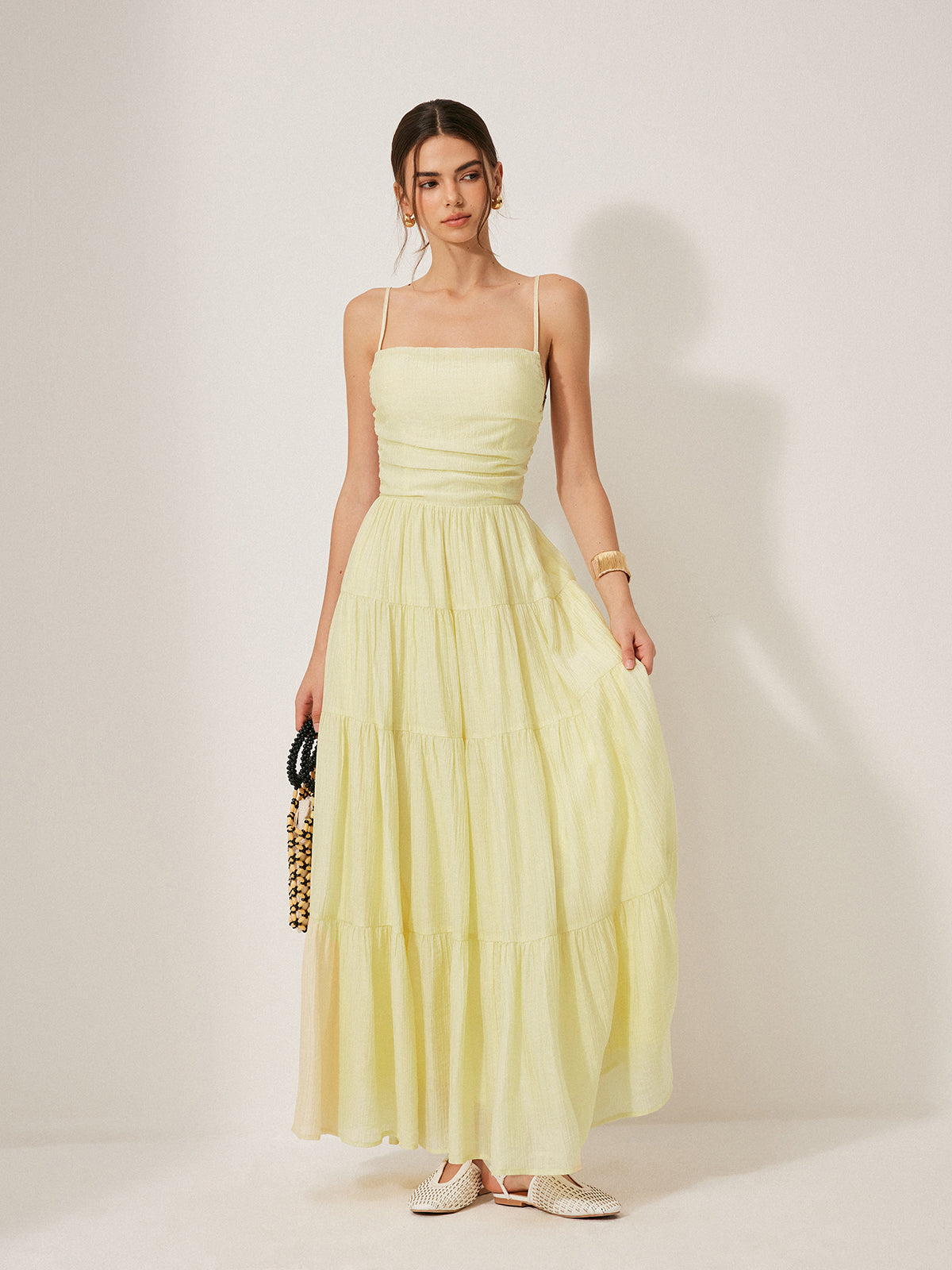 Pleated Backless Tiered Cami Dress