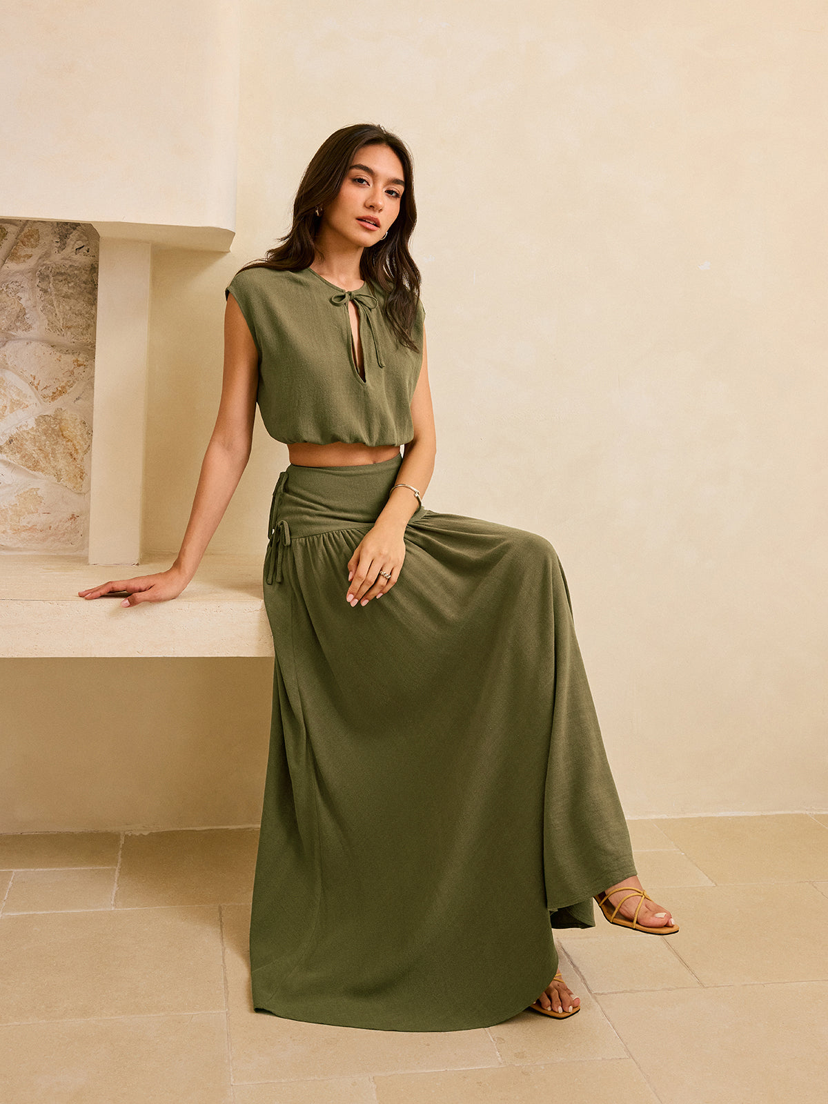 Tie-Detail Crop Top and Maxi Ruffled Skirt Set