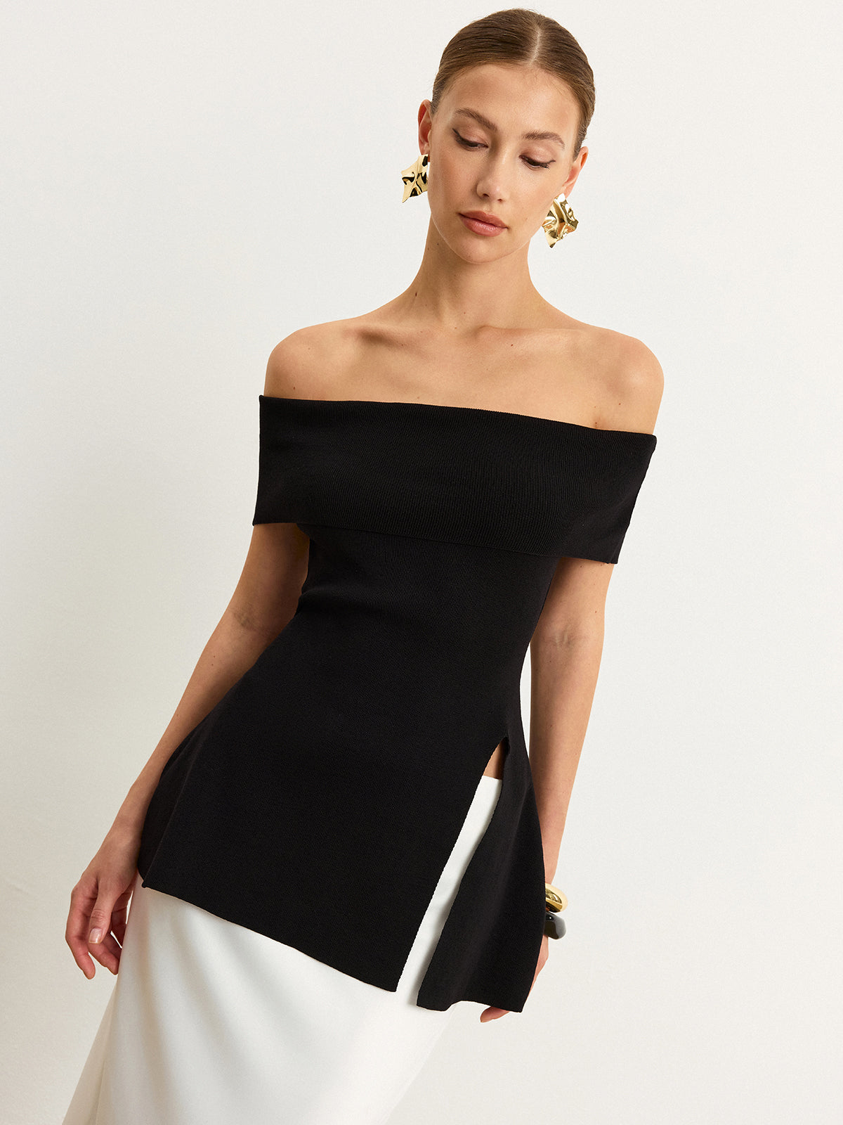 Off-Shoulder Knit Top with Slit