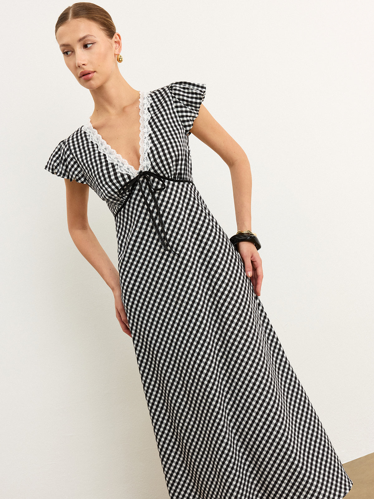 Gingham Lace-Trimmed Midi Dress with Flutter Sleeves