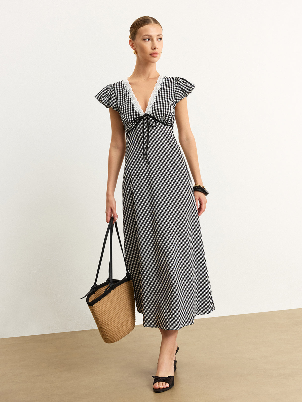 Gingham Lace-Trimmed Midi Dress with Flutter Sleeves