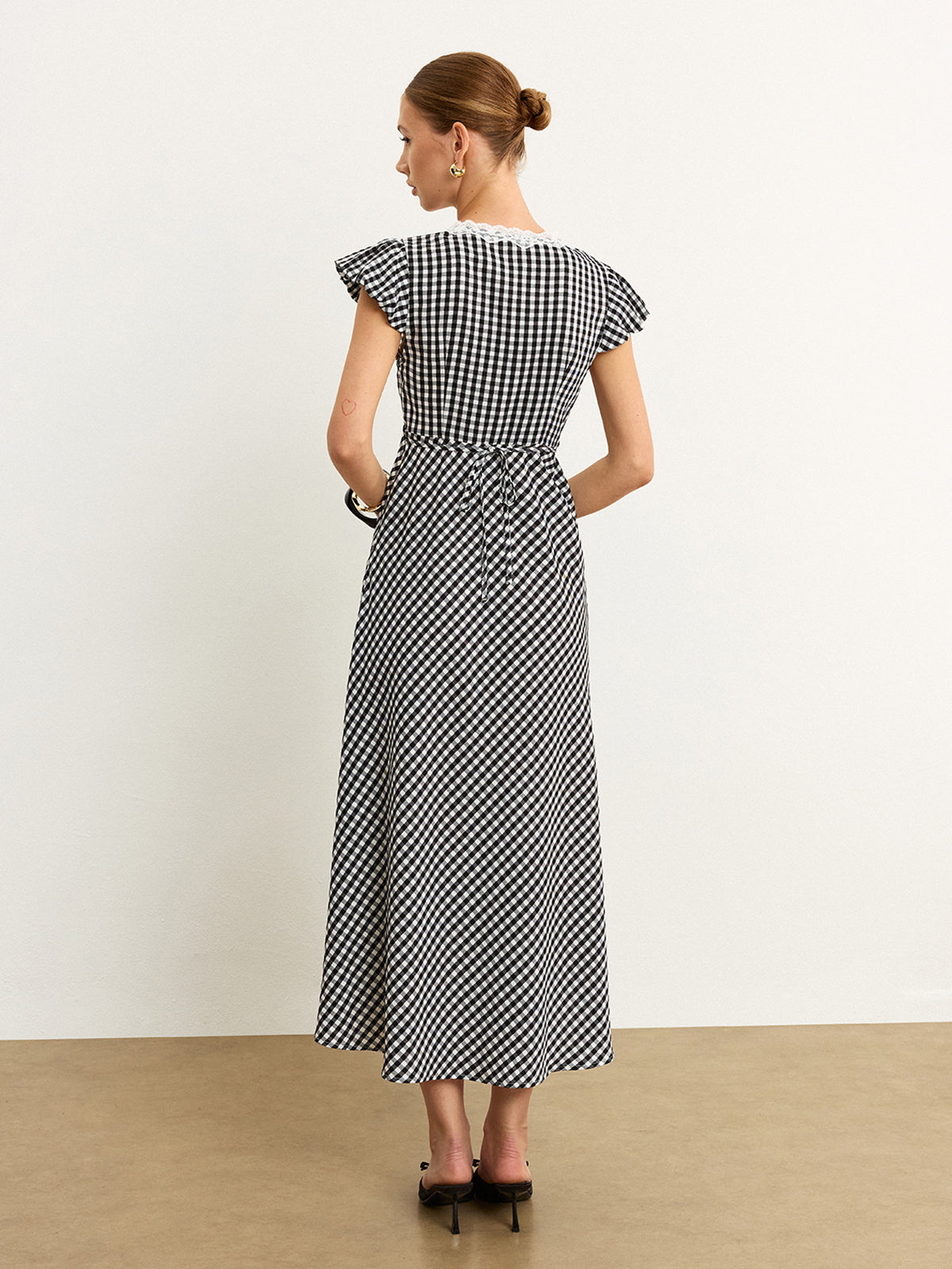 Gingham Lace-Trimmed Midi Dress with Flutter Sleeves