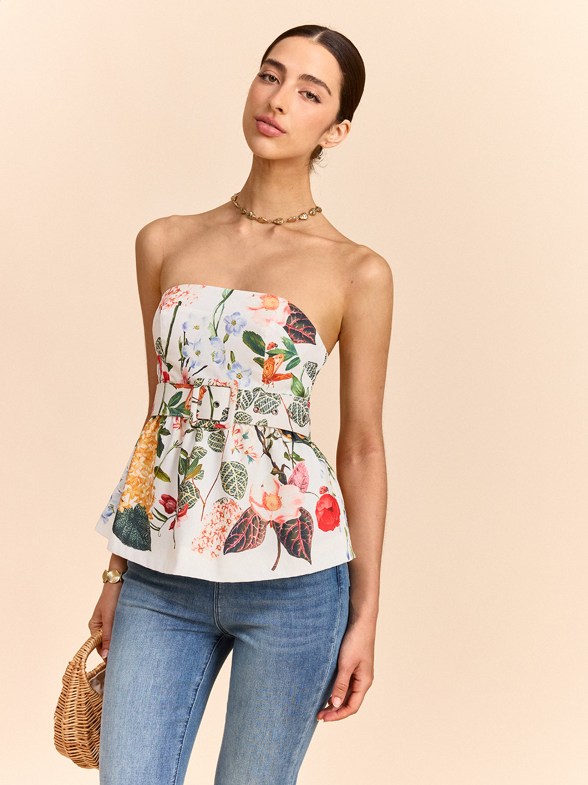 Floral Print Strapless Peplum Top With Belt