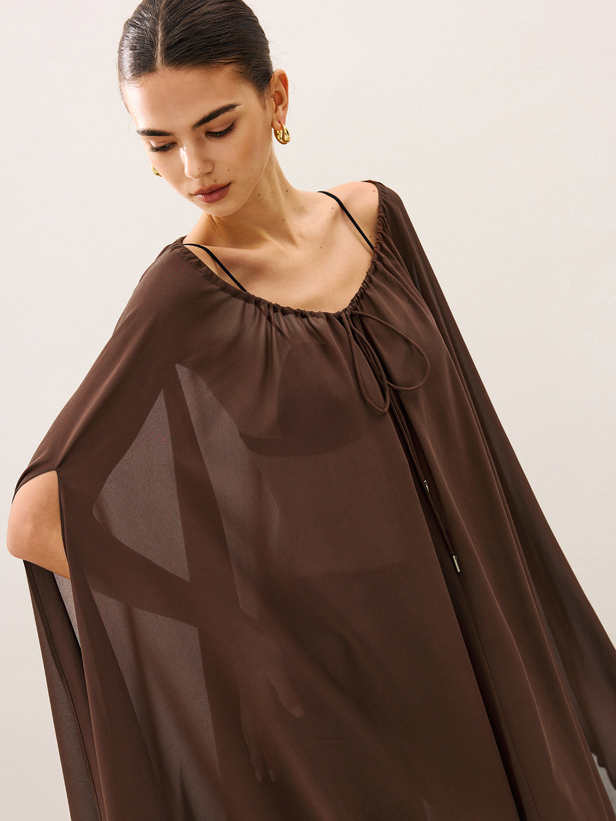 Cape-Style Semi Sheer Chiffon Blouse With Tie Detail