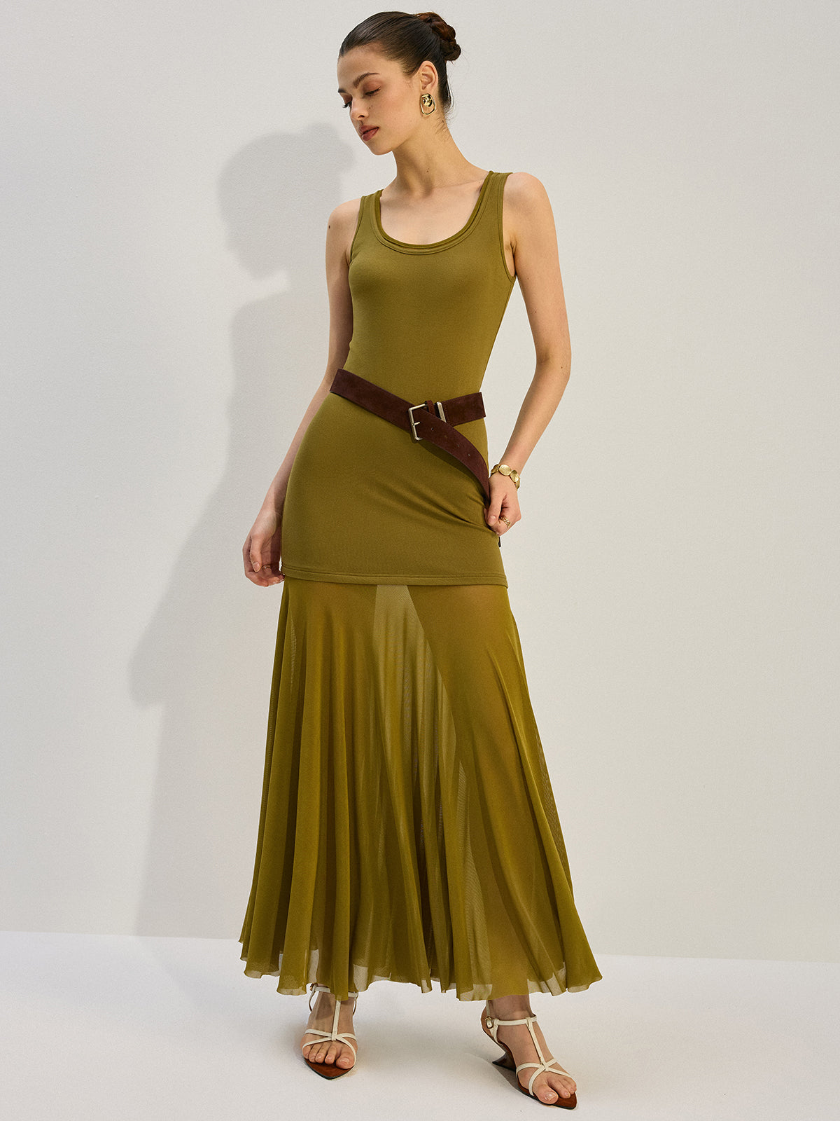 Sleeveless Sheer-Paneled Maxi Dress