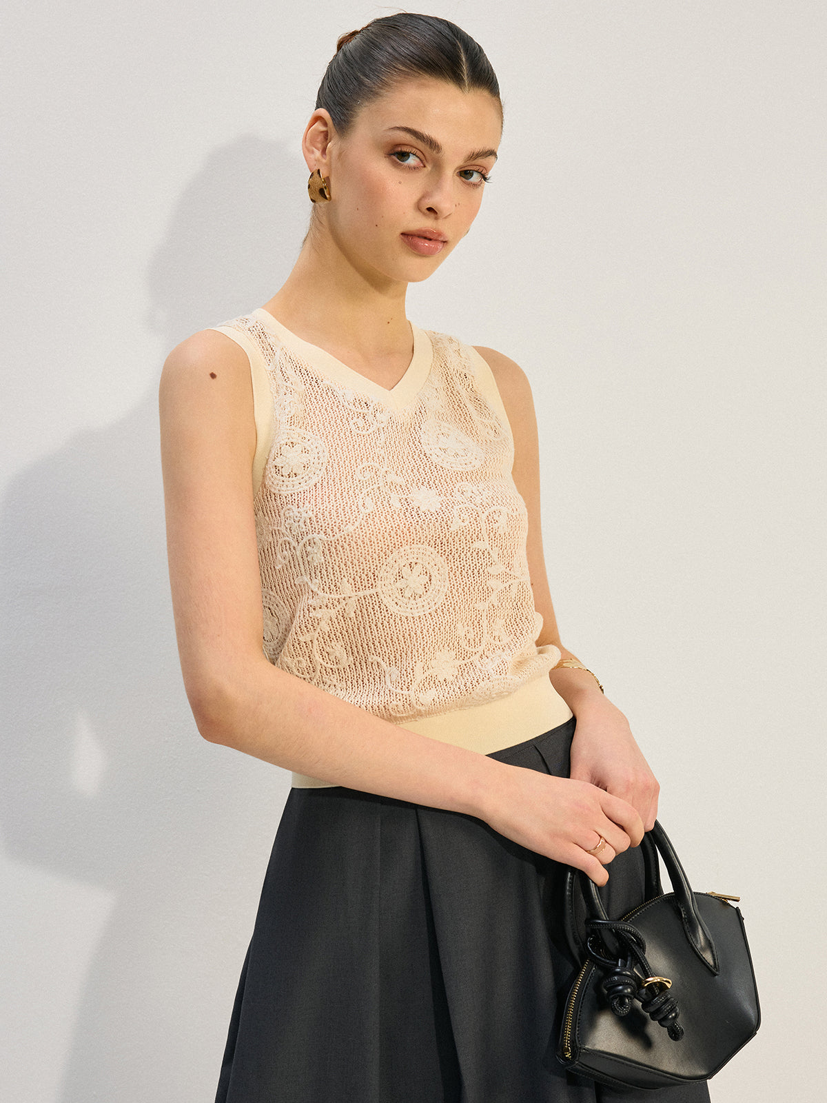 Semi-Sheer Ribbed V-Neck Knit Vest