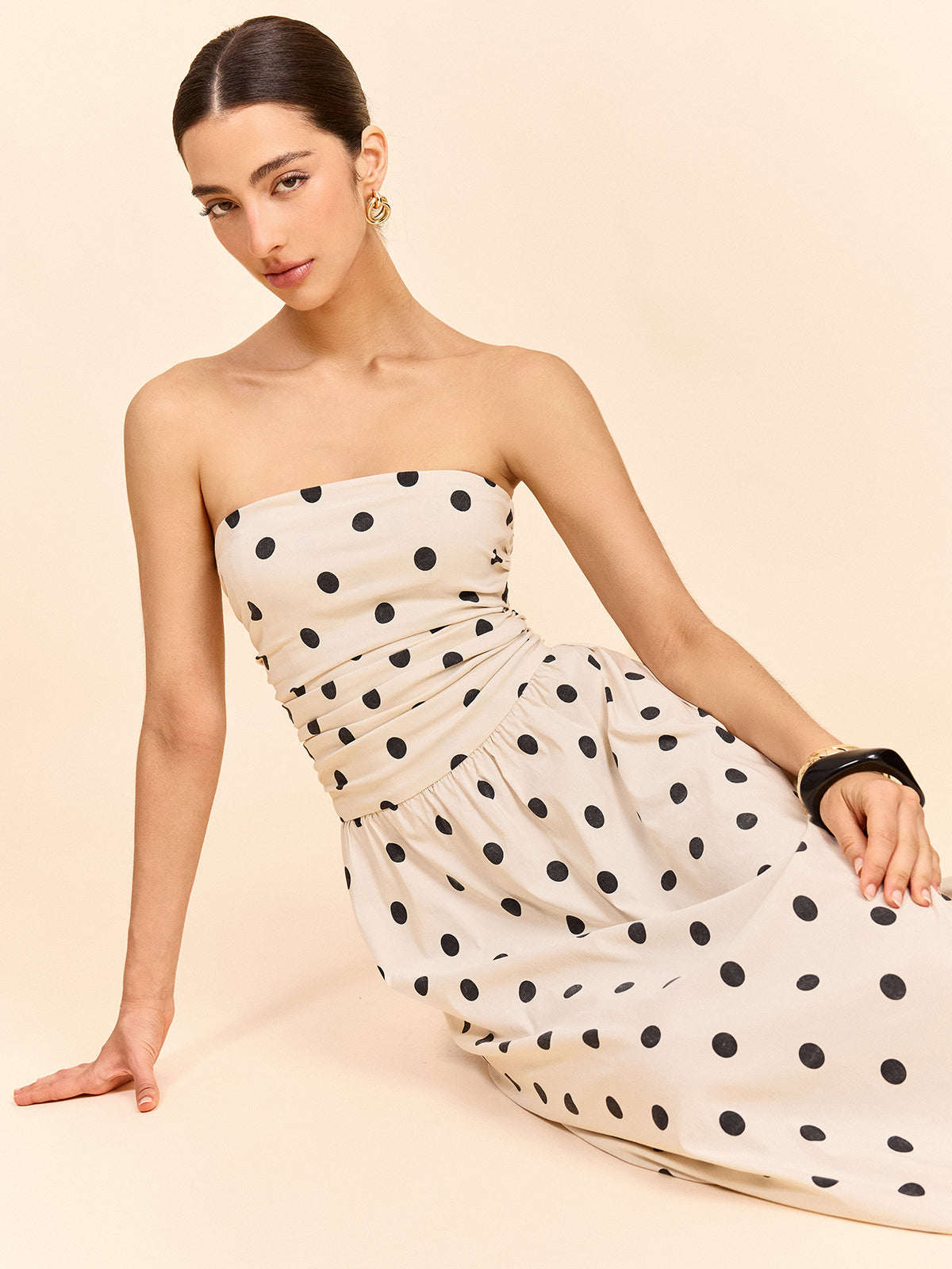 Strapless Polka Dot Ruched Midi Dress
