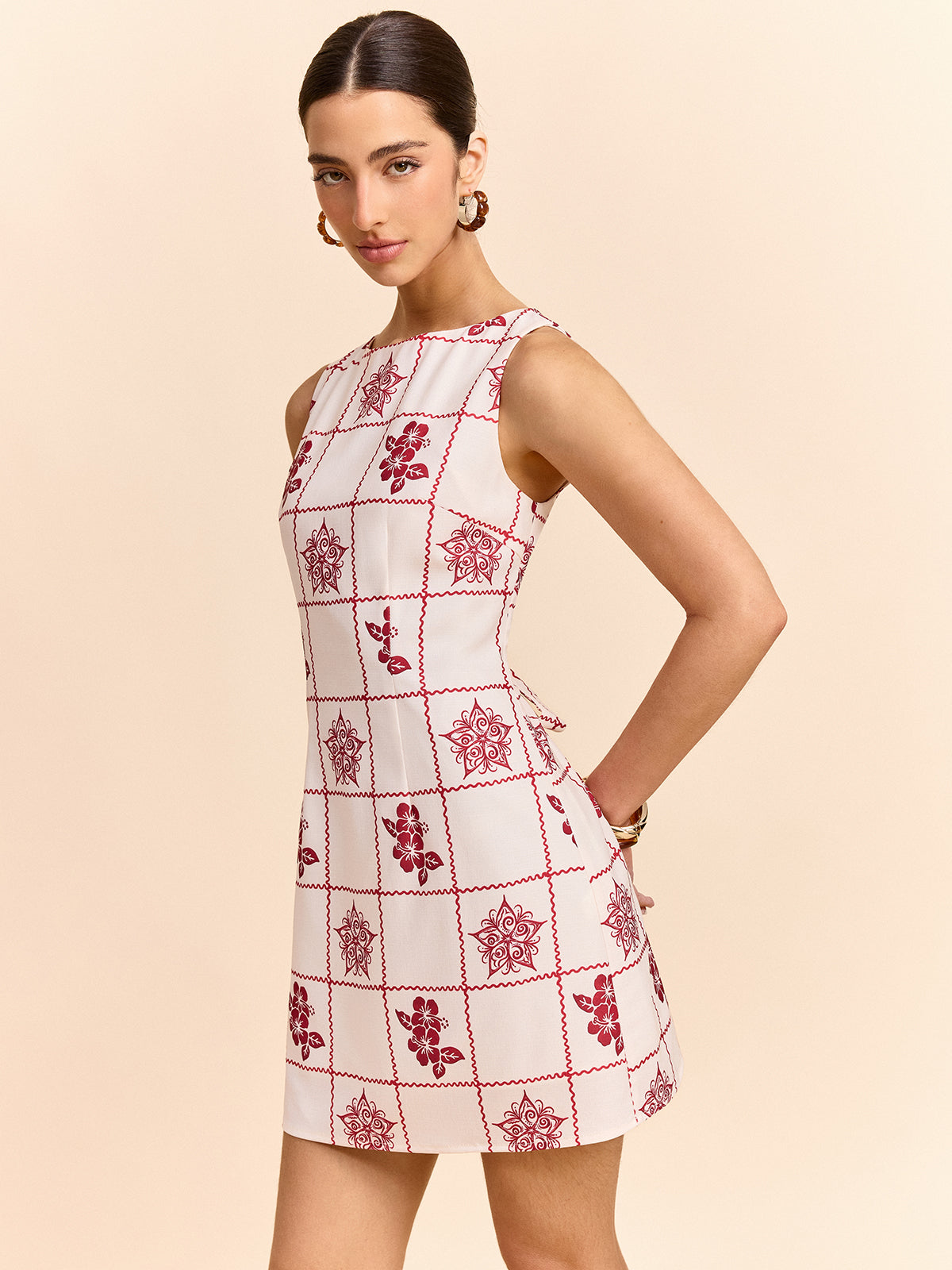 Grid and Floral Print Mini Dress