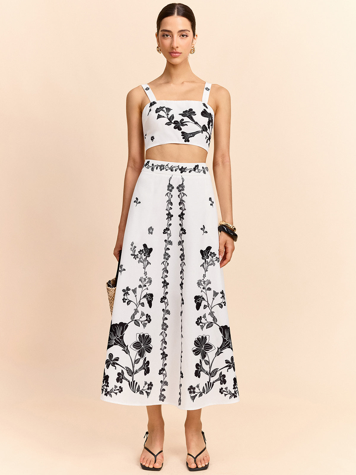 Floral Embroidered Crop Top and Midi Skirt Set