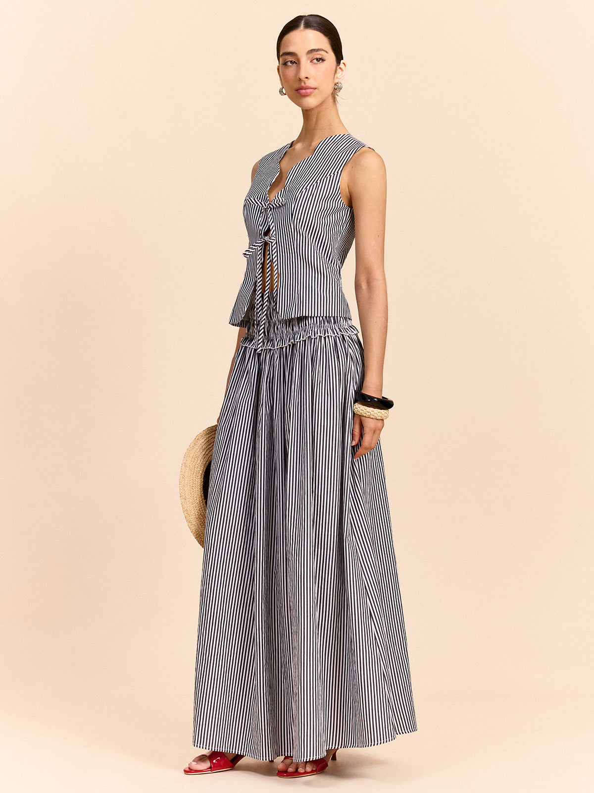 Striped Skirt Set with Tie-Front Top