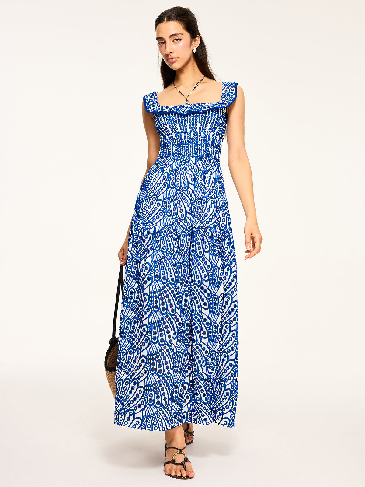 Embroidered Maxi Dress with Ruffled Trim