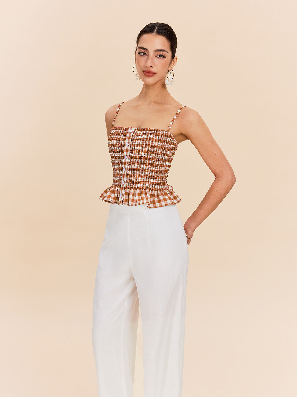 Gingham Smocked Peplum Cami Top