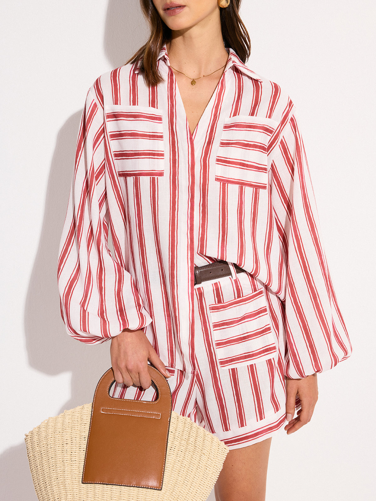 Pocketed Striped Shorts Set