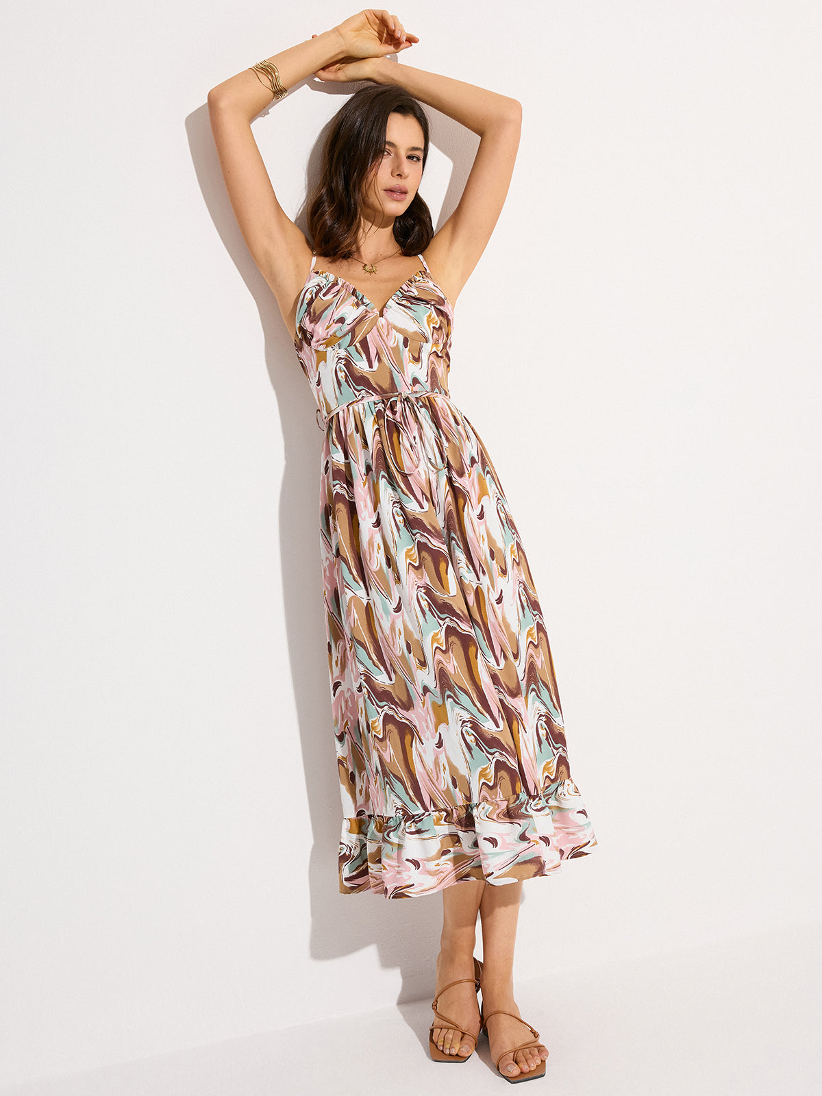 Print Backless Tie-Waist Midi Dress