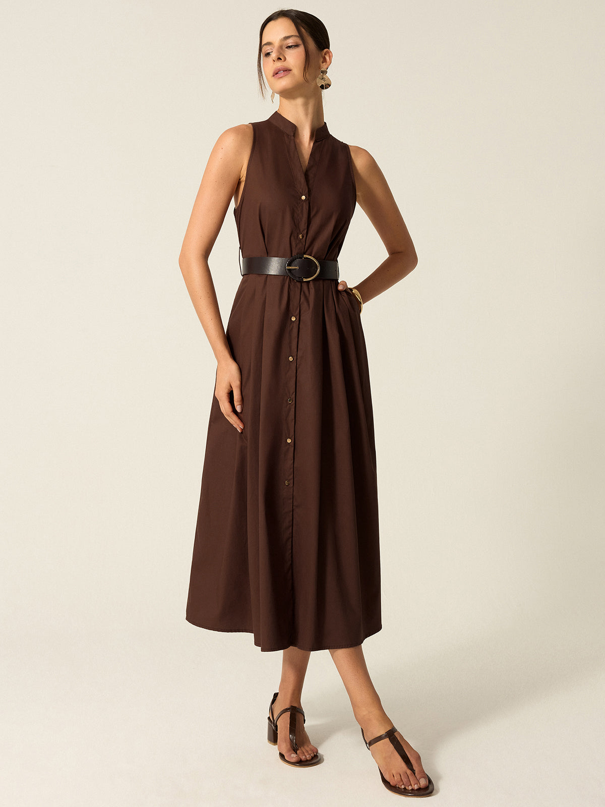 Belted Button-Front Midi Dress