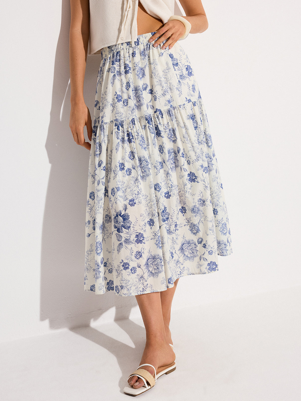 Floral Print Elastic Waist Midi Skirt