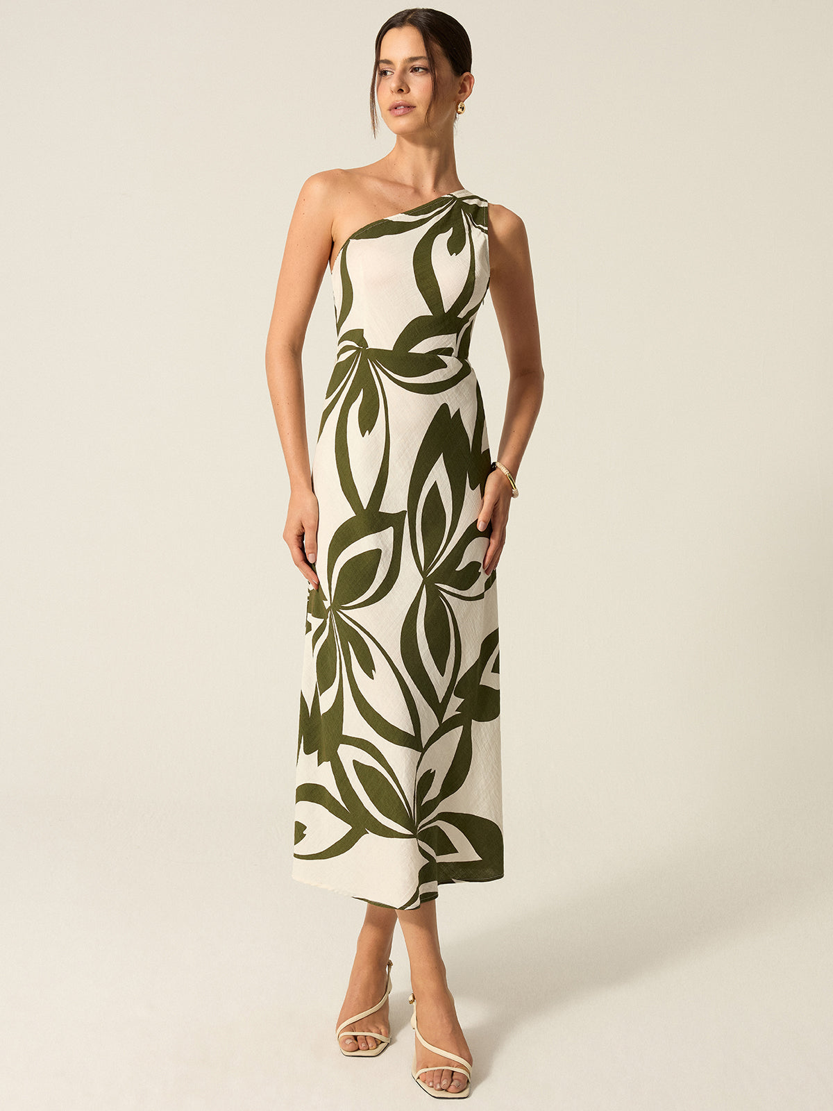One-Shoulder Printed Midi Dress