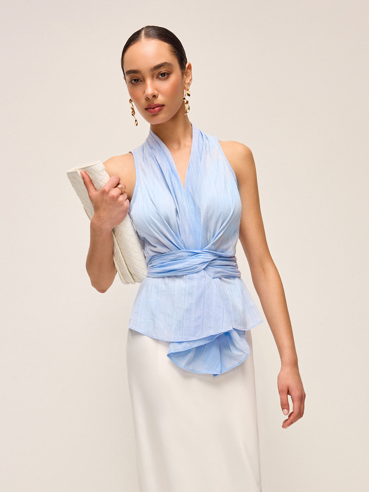 Cotton Draped Wrap Top With Back Bow