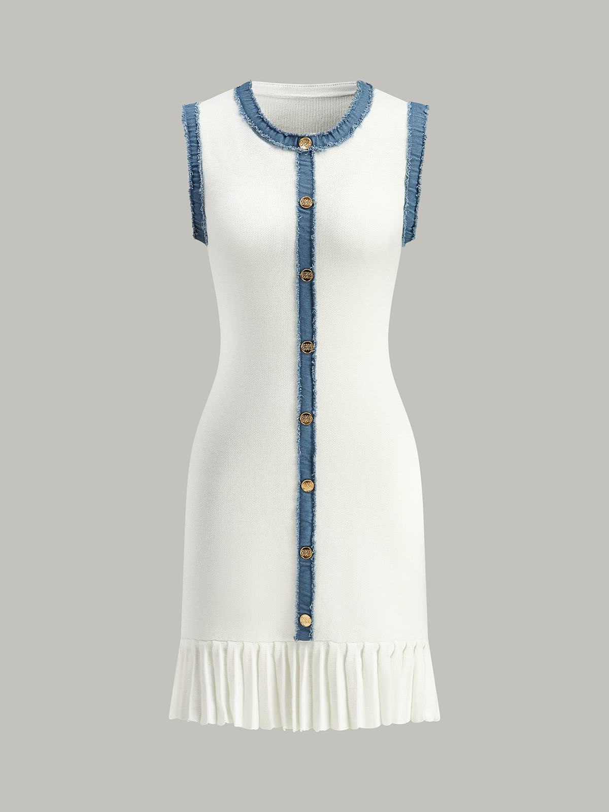 Denim Trim Button-Front Ruffle Hem Midi Dress