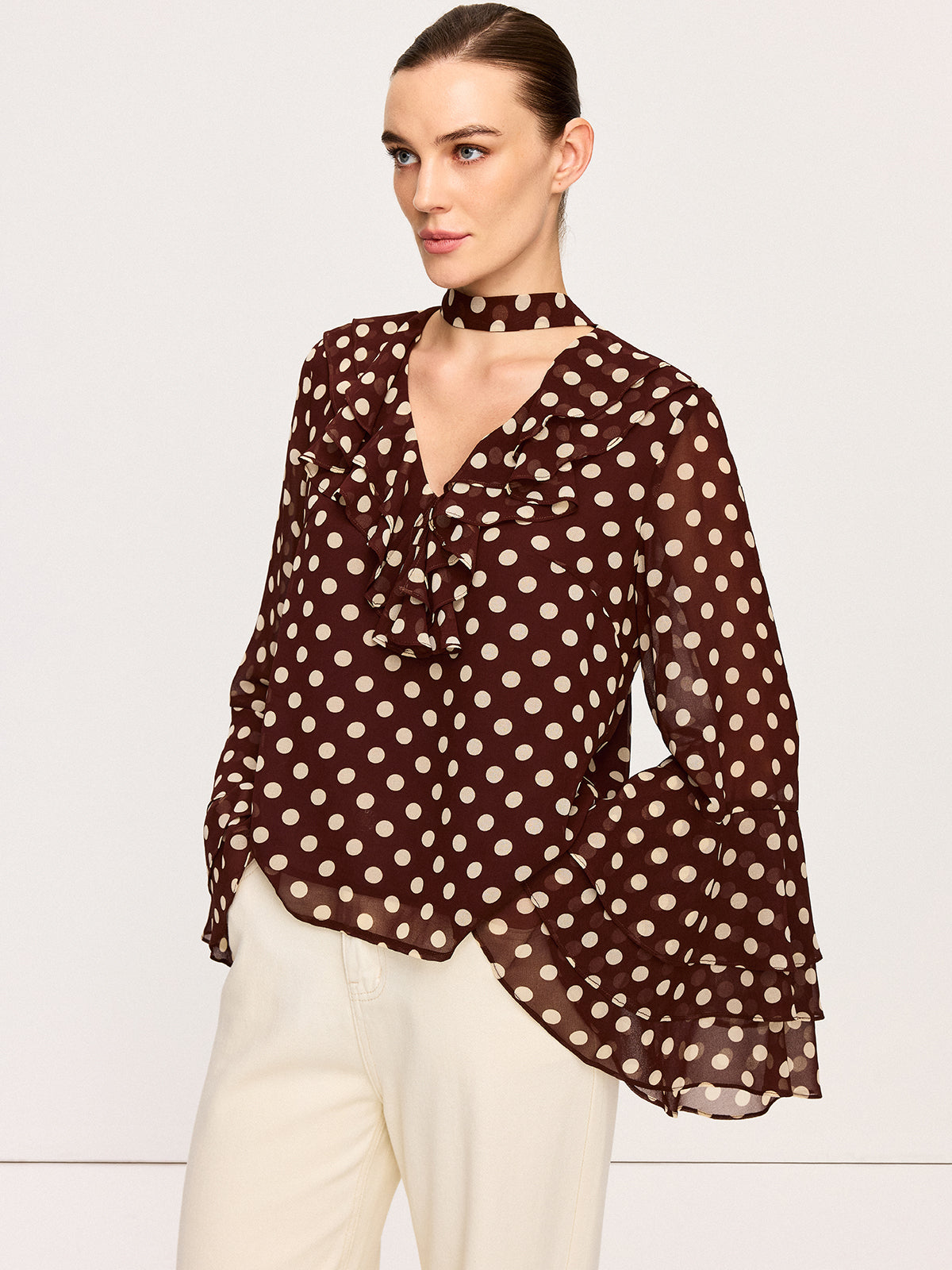Polka Dot Bell-Sleeve Chiffon Blouse