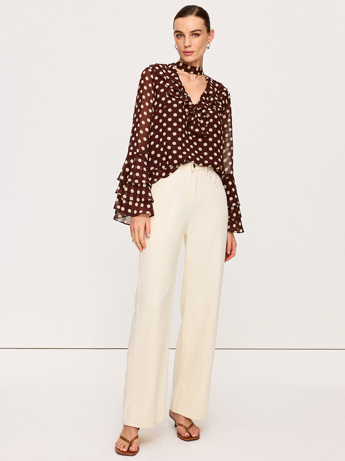 Polka Dot Bell-Sleeve Chiffon Blouse