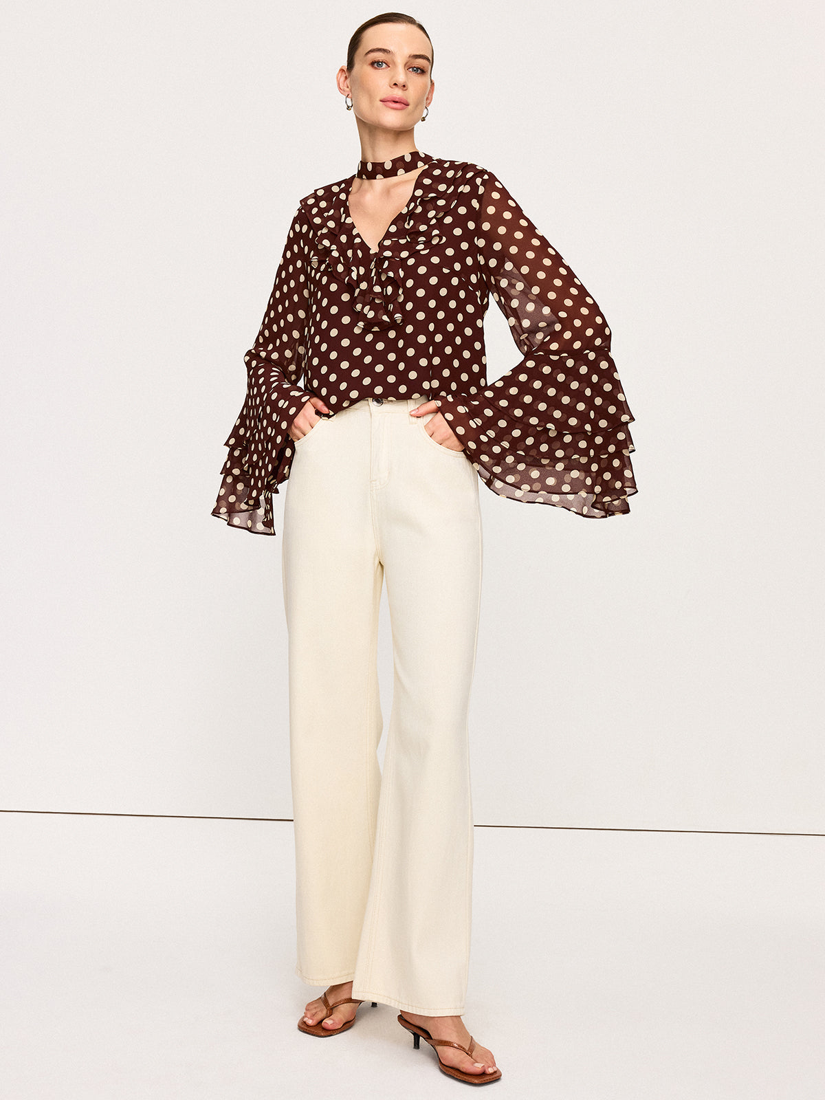 Polka Dot Bell-Sleeve Chiffon Blouse