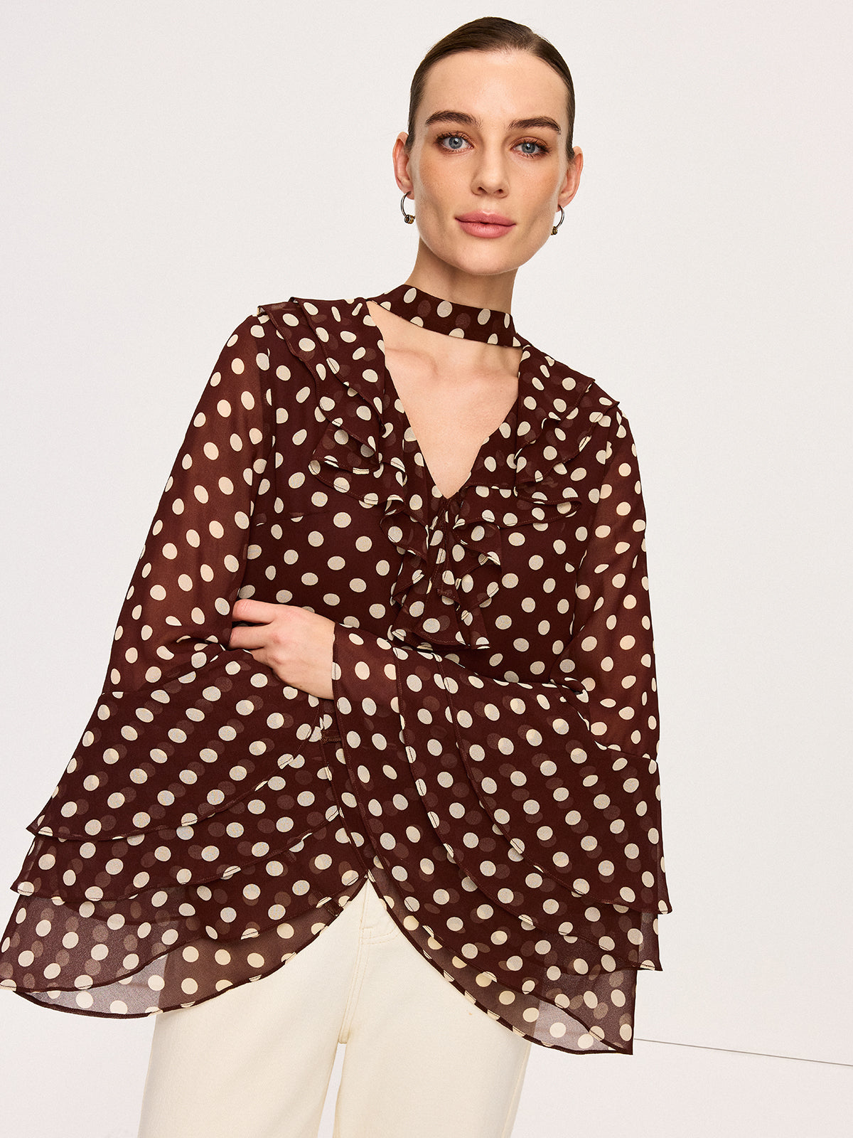 Polka Dot Bell-Sleeve Chiffon Blouse