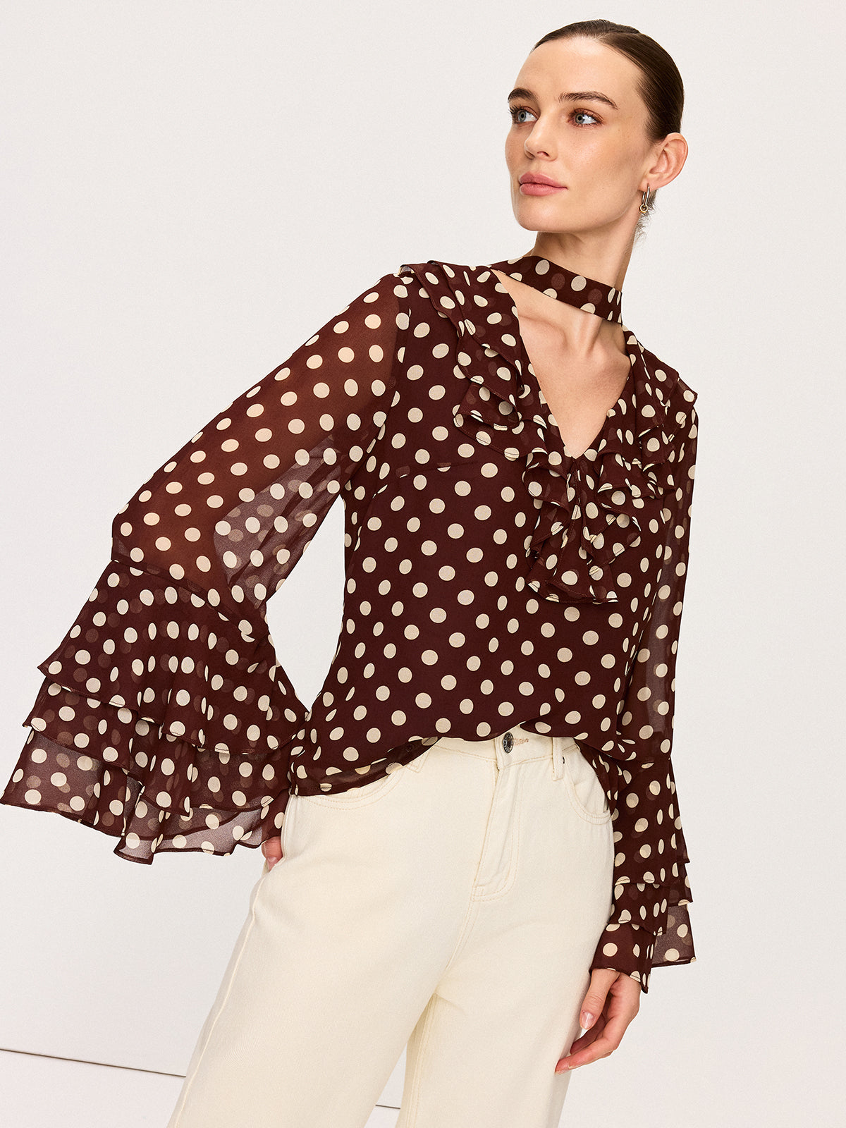 Polka Dot Bell-Sleeve Chiffon Blouse