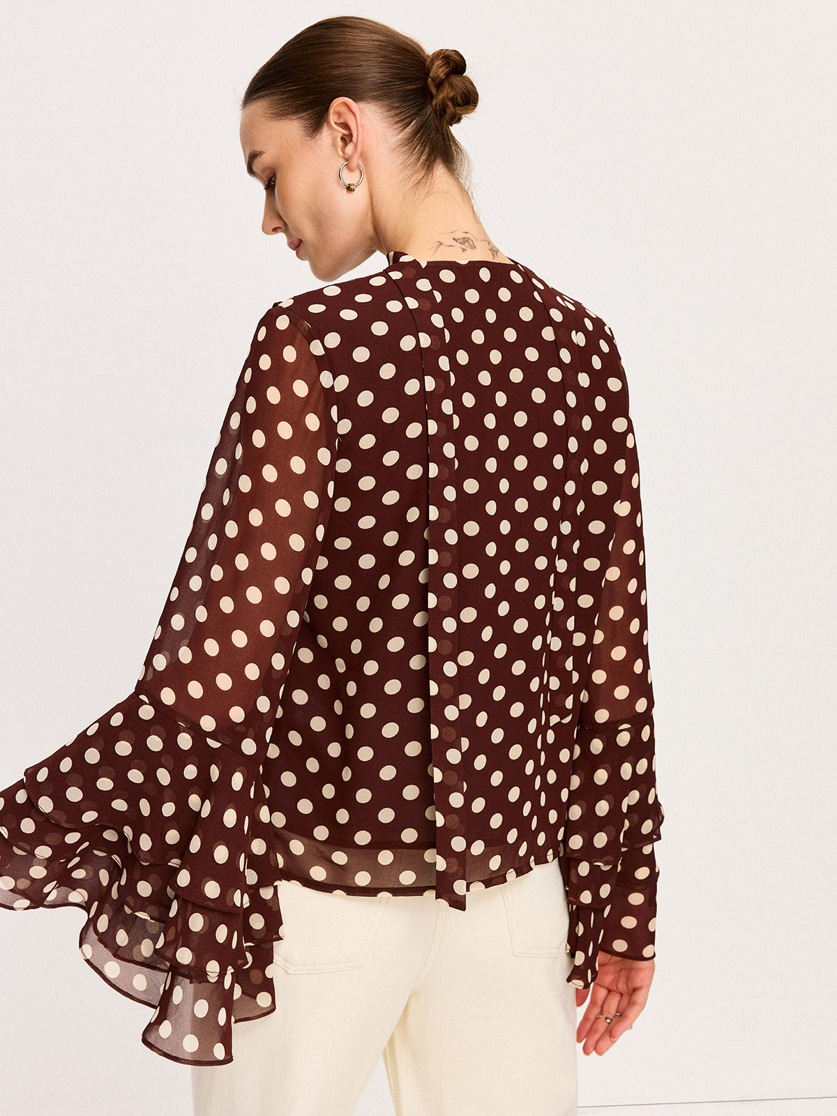 Polka Dot Bell-Sleeve Chiffon Blouse