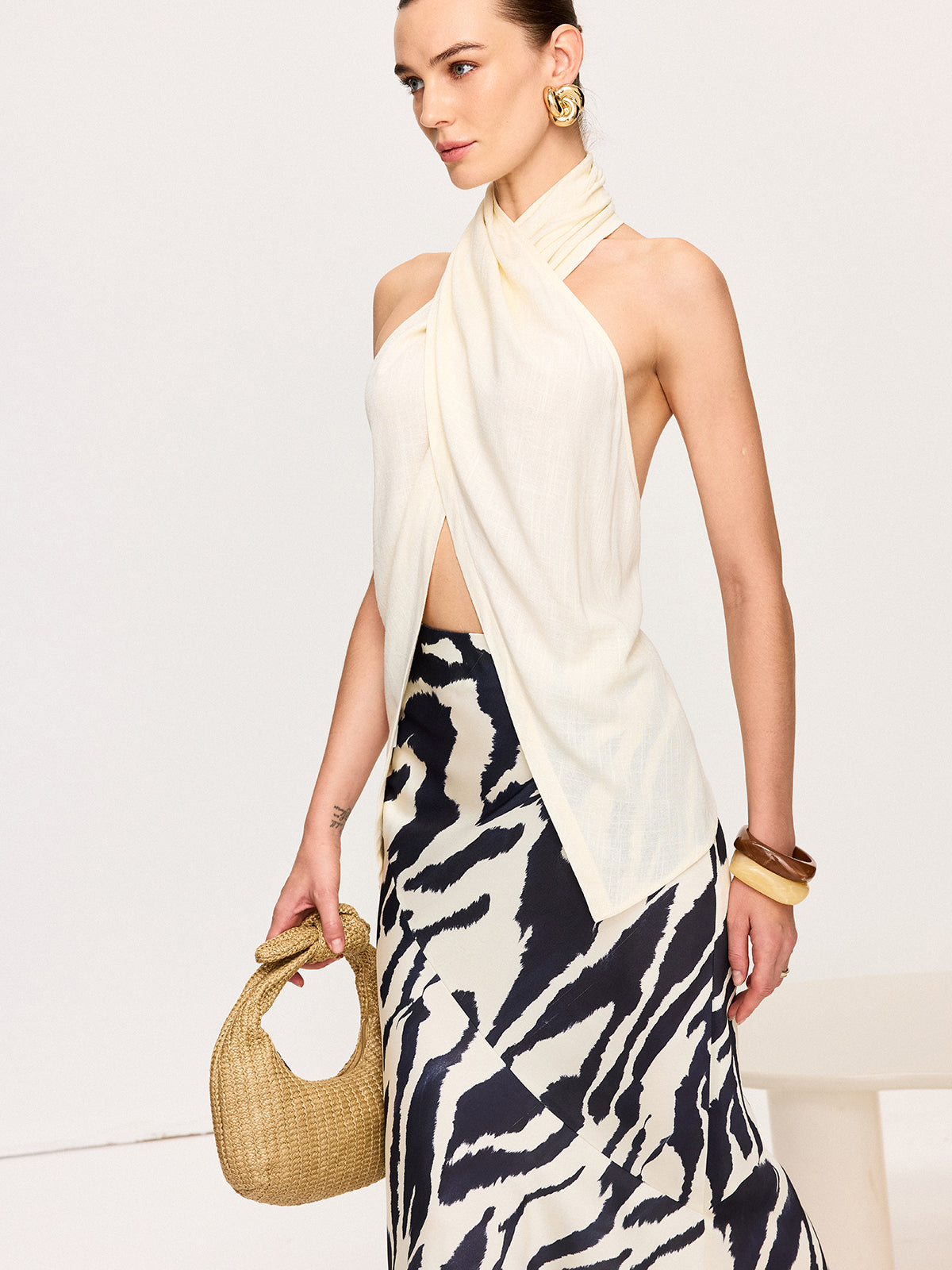 Cross-Halter Neck Wrap Top with Button Detail