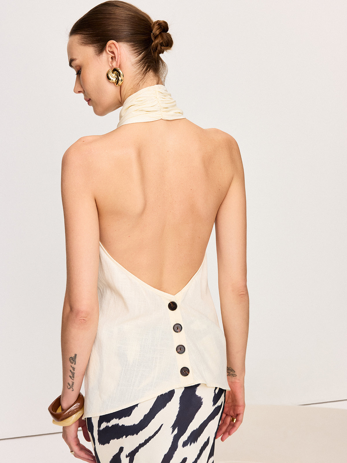 Cross-Halter Neck Wrap Top with Button Detail