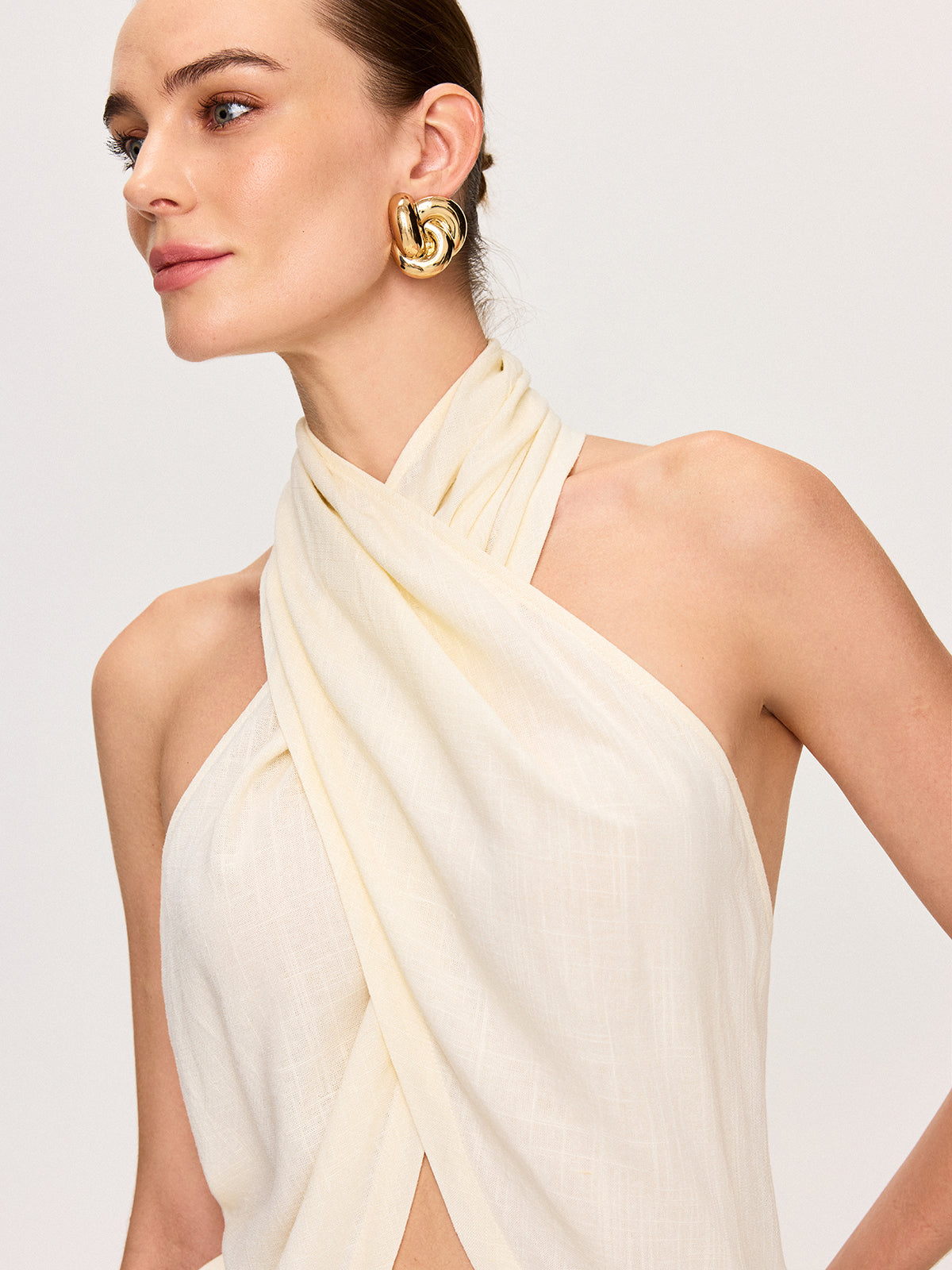 Cross-Halter Neck Wrap Top with Button Detail