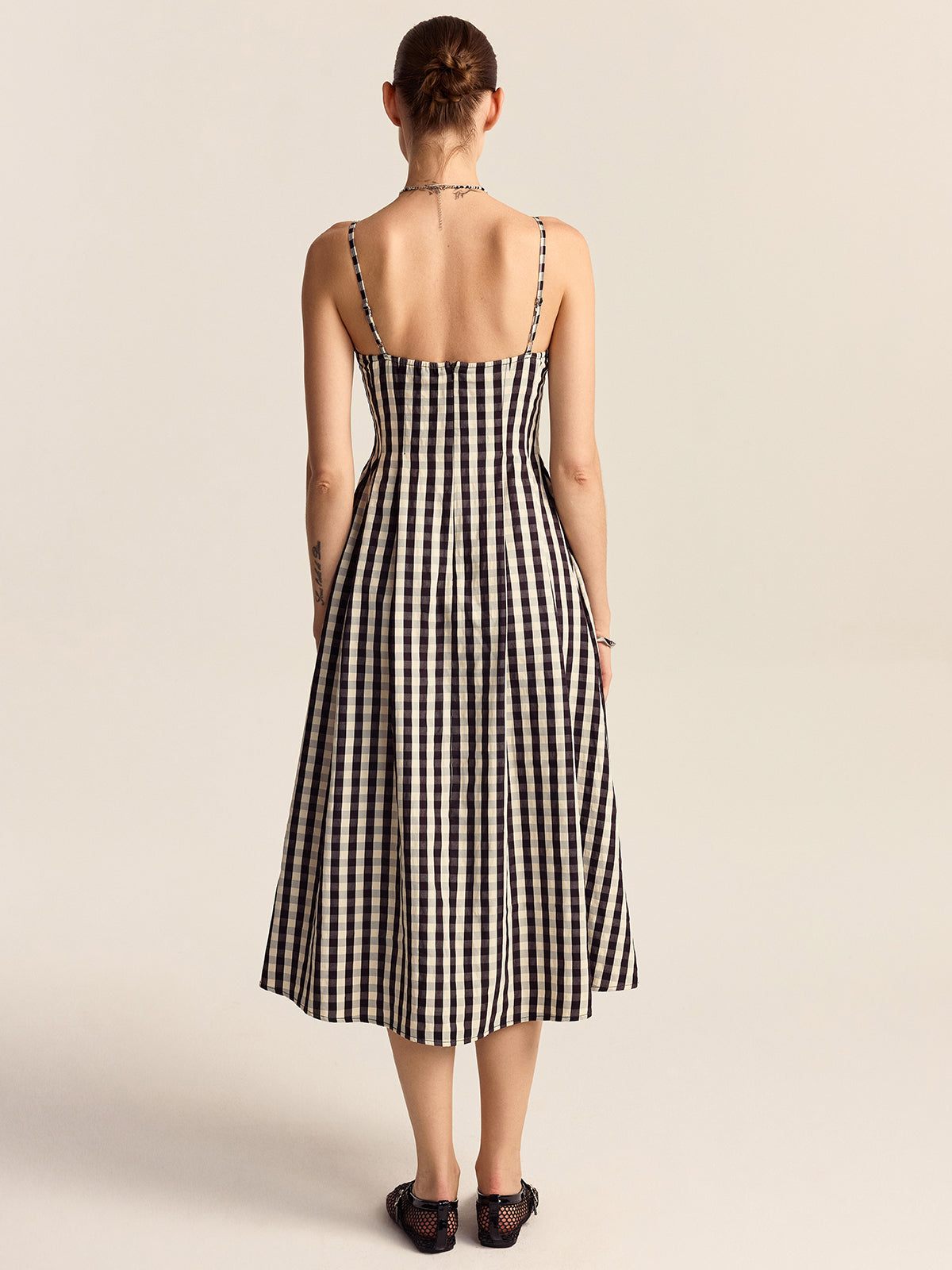 Gingham Spaghetti Strap Midi Dress with Lace Trim