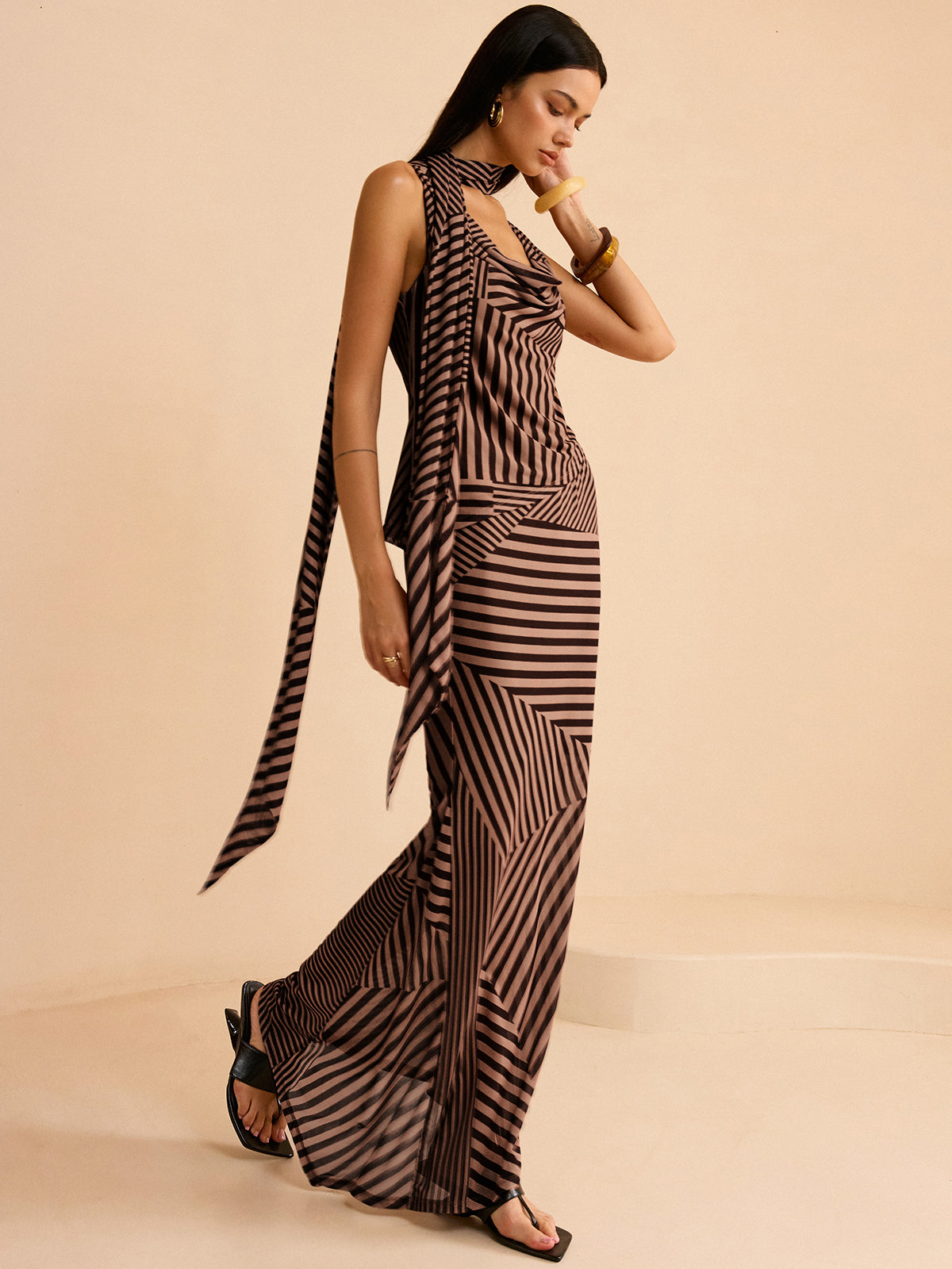 Striped Draped Neckline Skirt Set