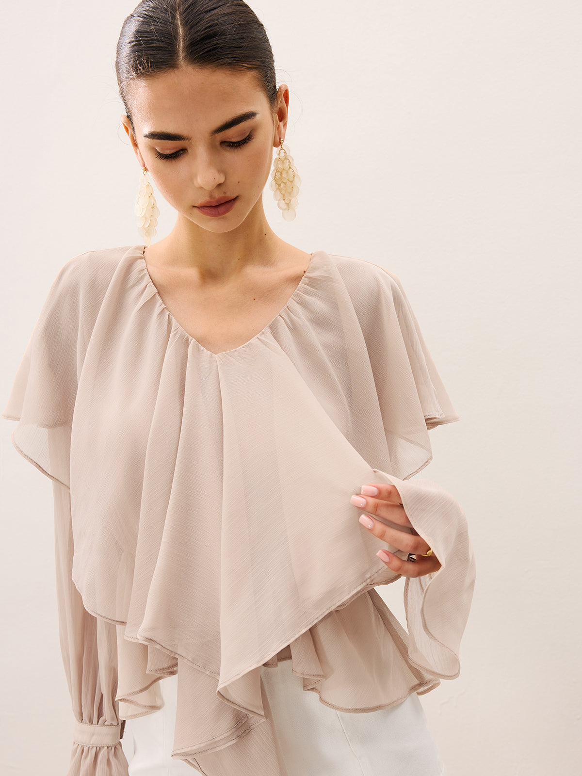 Semi-Sheer Ruffle Layered Chiffon Blouse