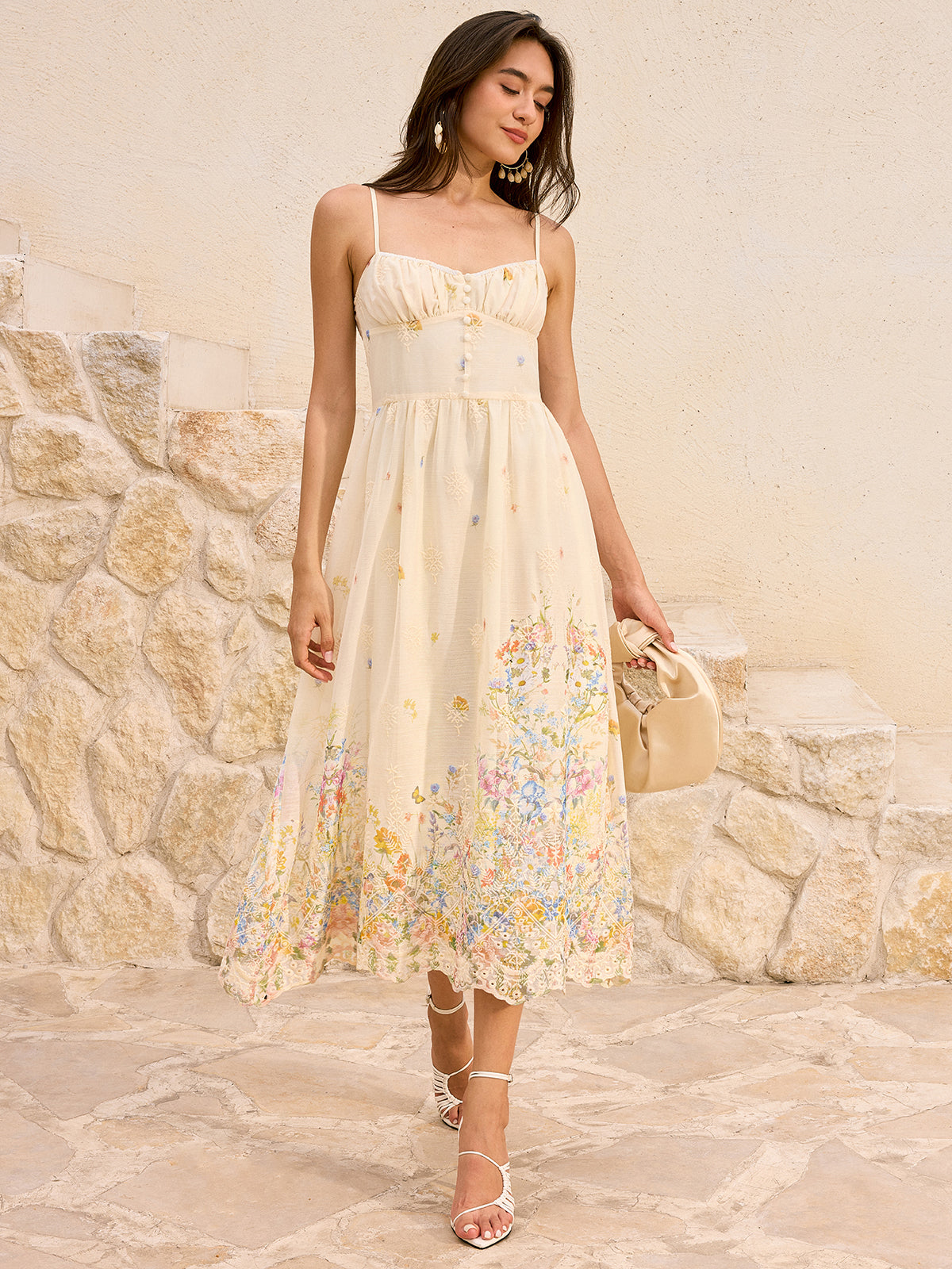 Floral Embroidered Midi Buttoned Dress