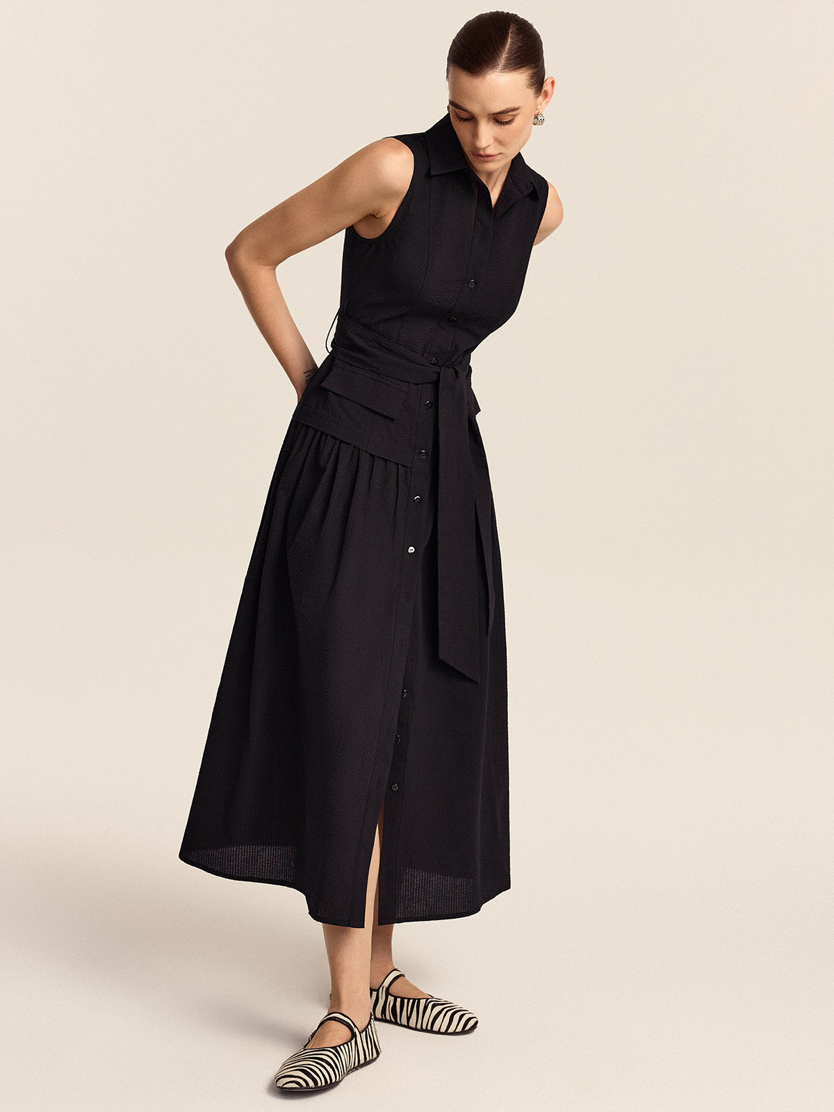 Button-Front Midi Dress with Belt