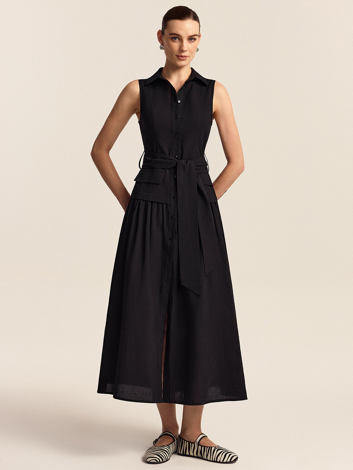 Button-Front Midi Dress with Belt