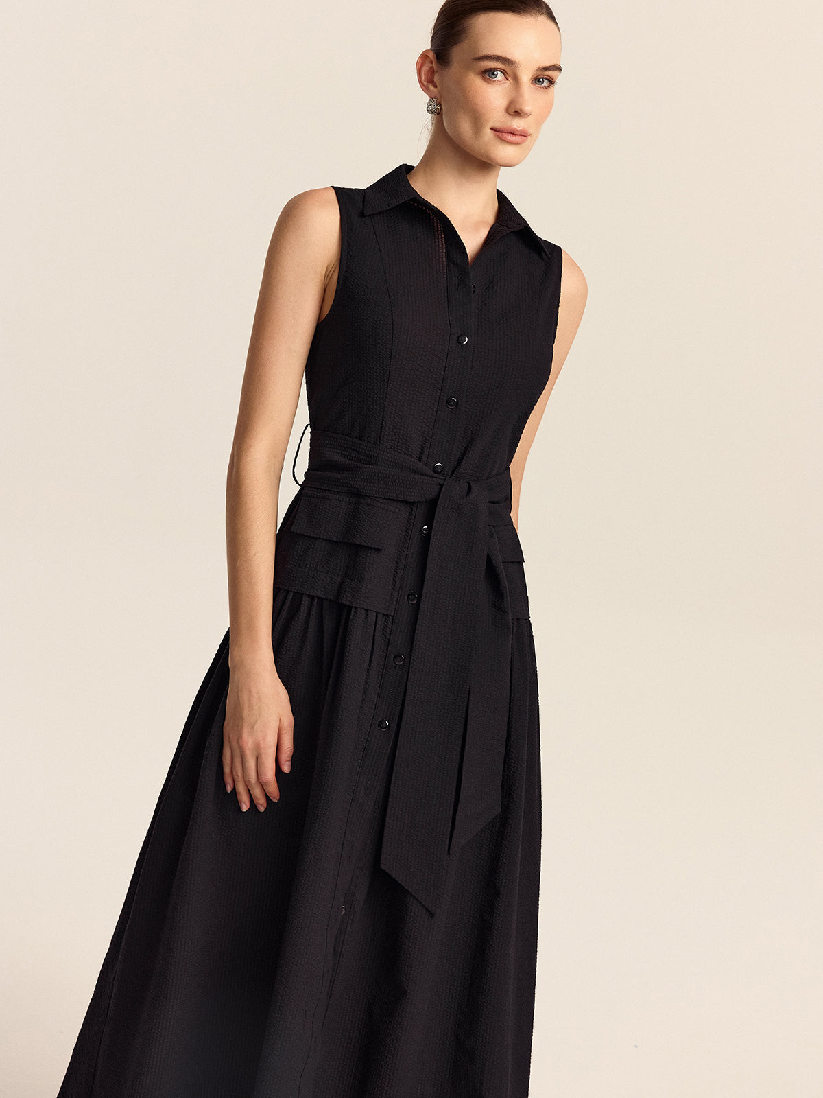 Button-Front Midi Dress with Belt