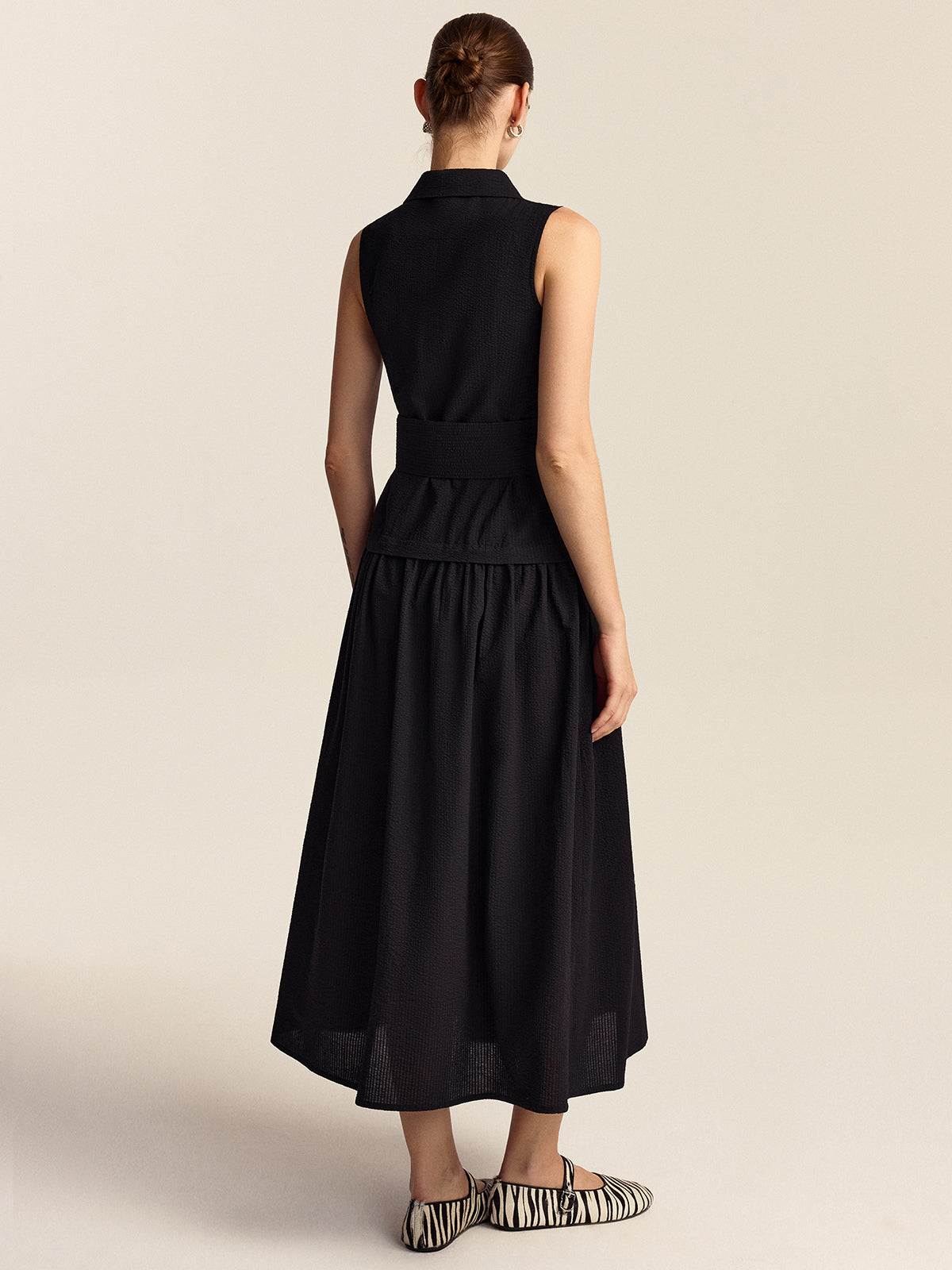 Button-Front Midi Dress with Belt