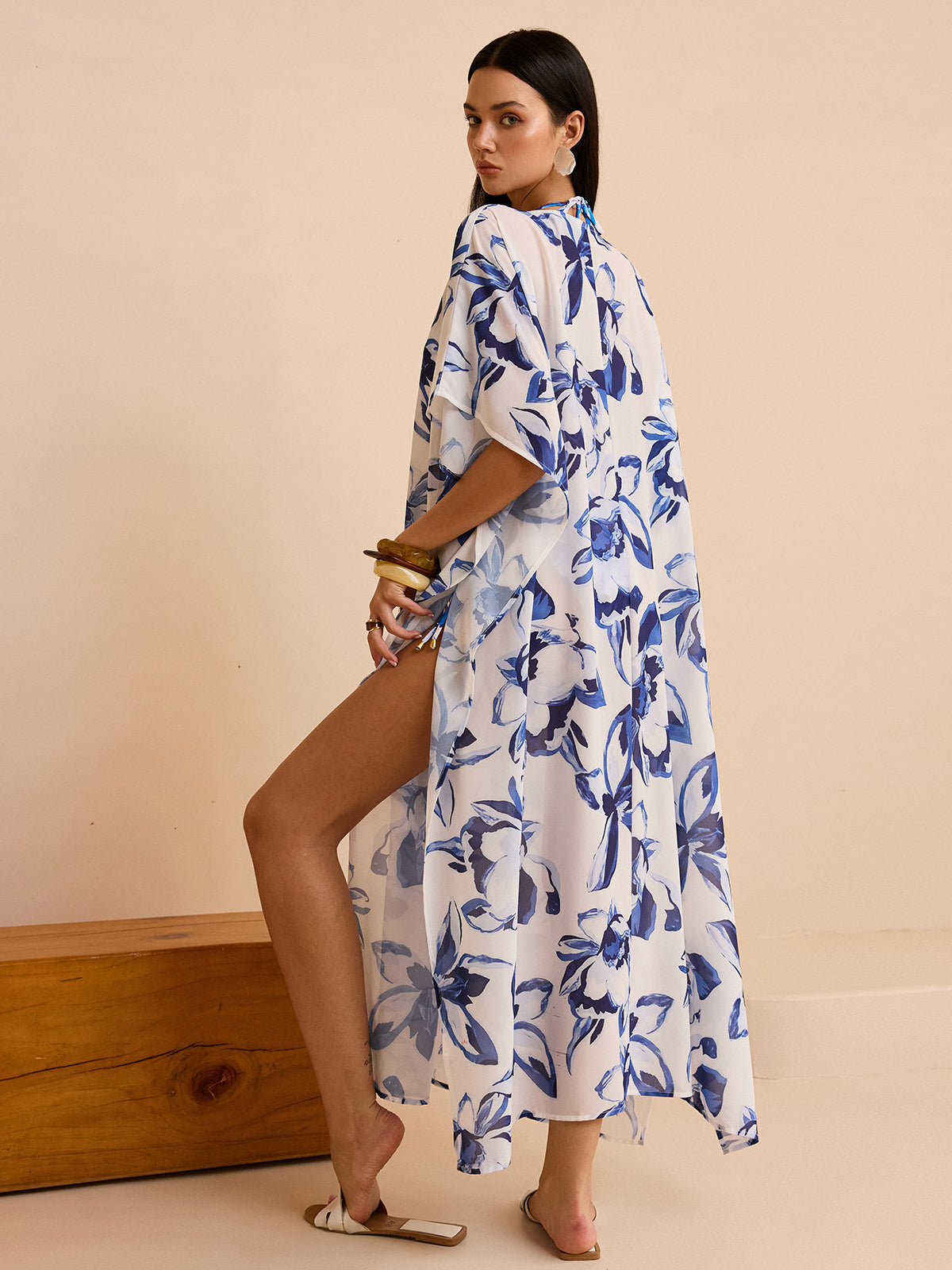 Sheer Floral Kimono Cover Up with Tie-Front