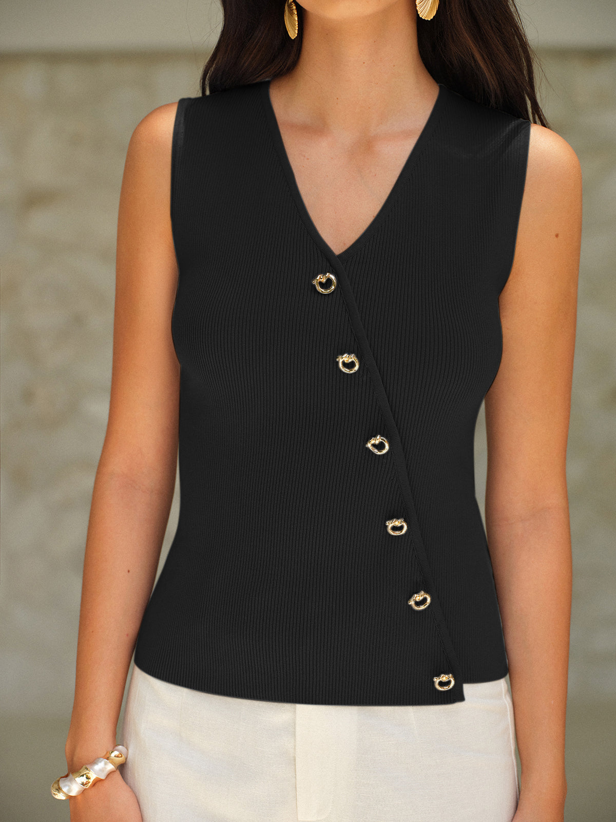 Sleeveless V-Neck Top With Gold Buttons