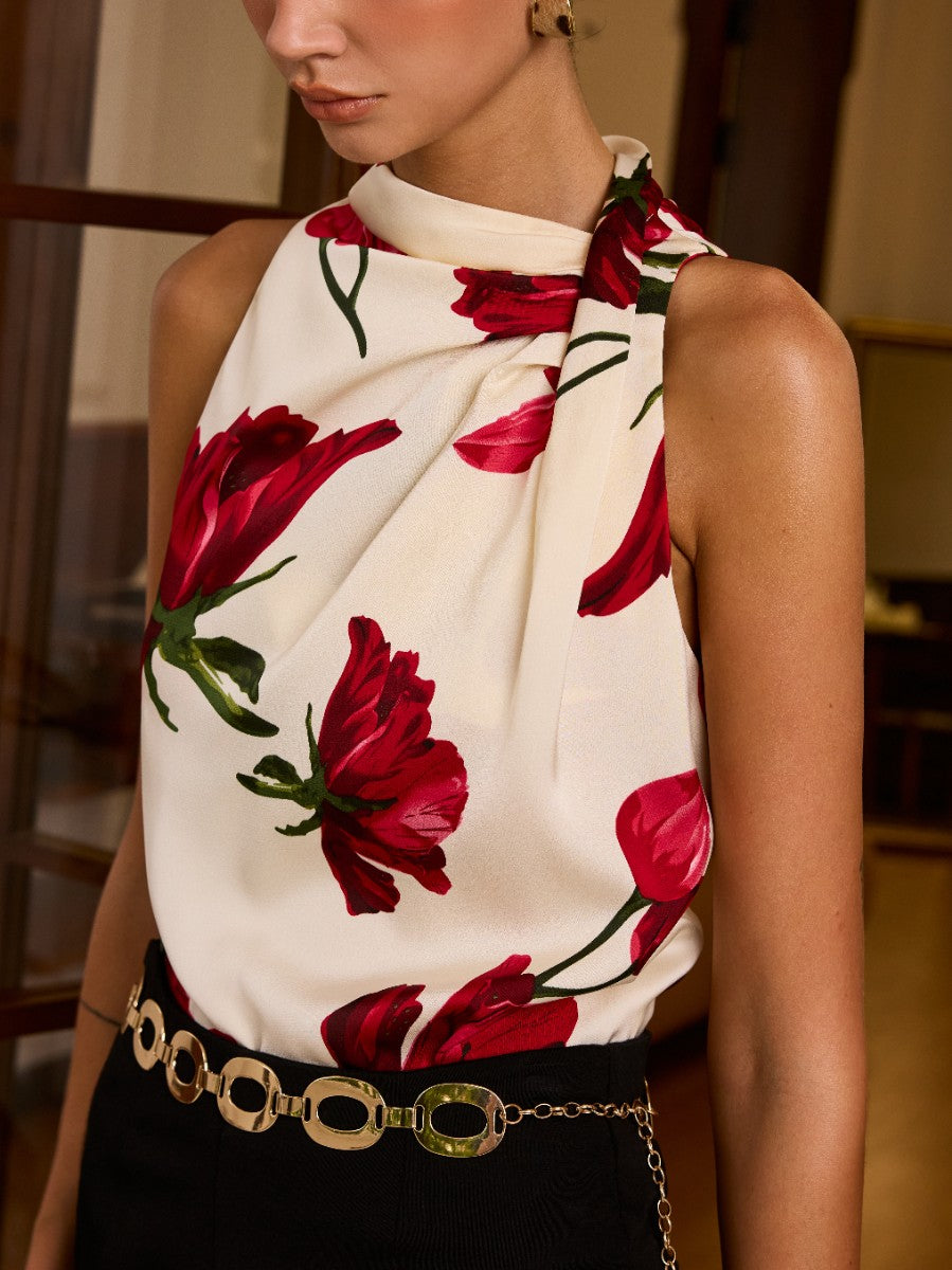 Floral Print Sleeveless Blouse with Knot Detail