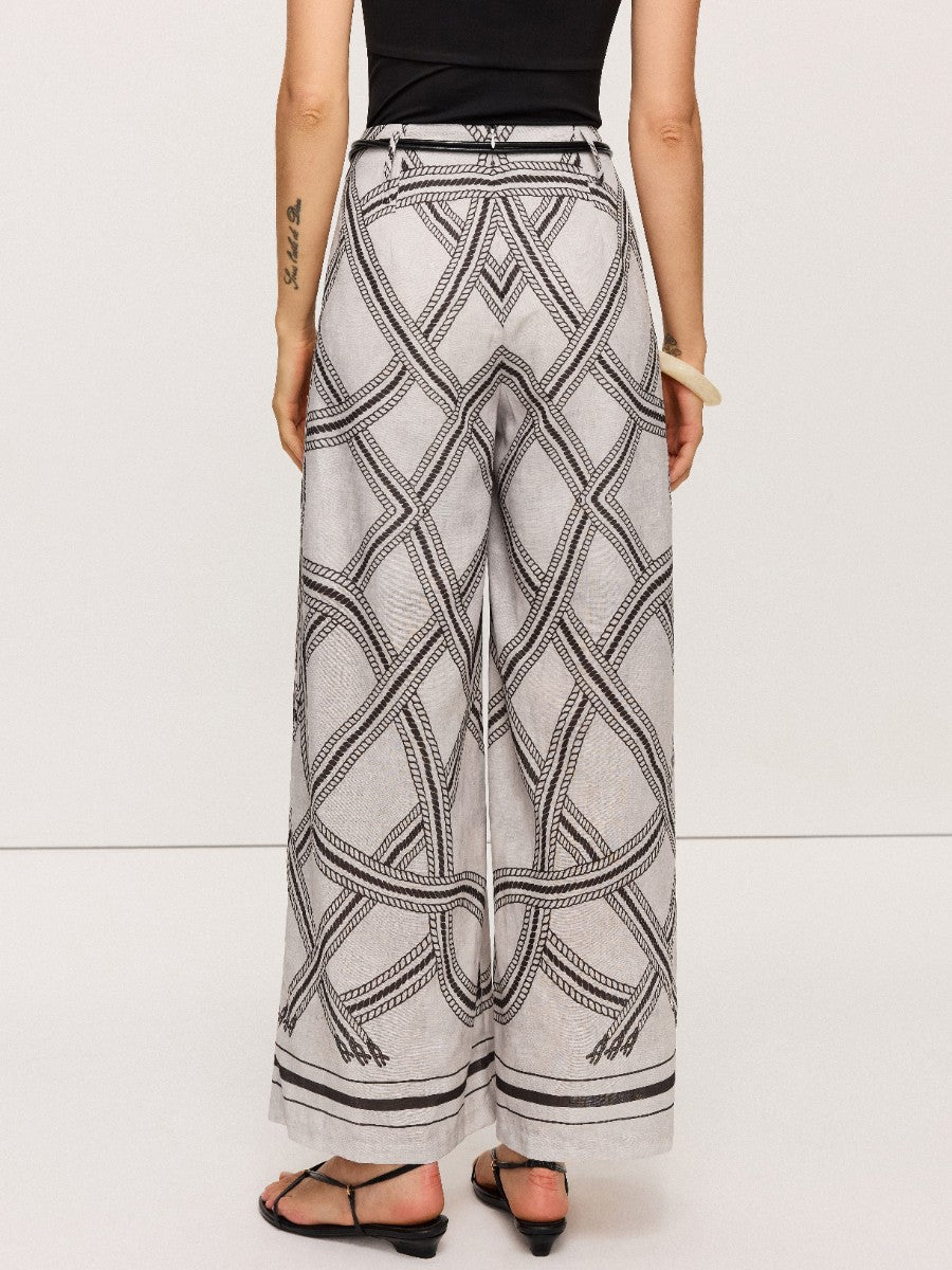 Geometric Print Belted Wide-Leg Pants
