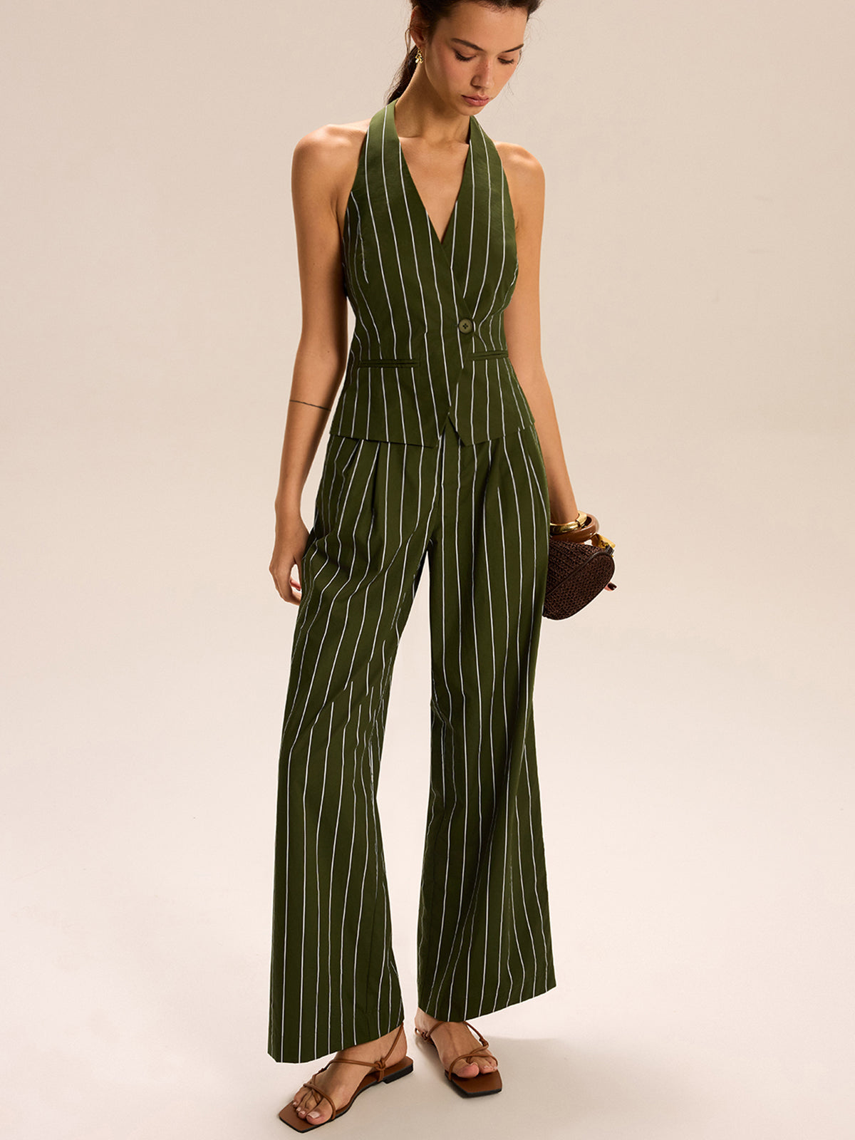 Striped Halter-Neck Vest and Wide-Leg Pants Set