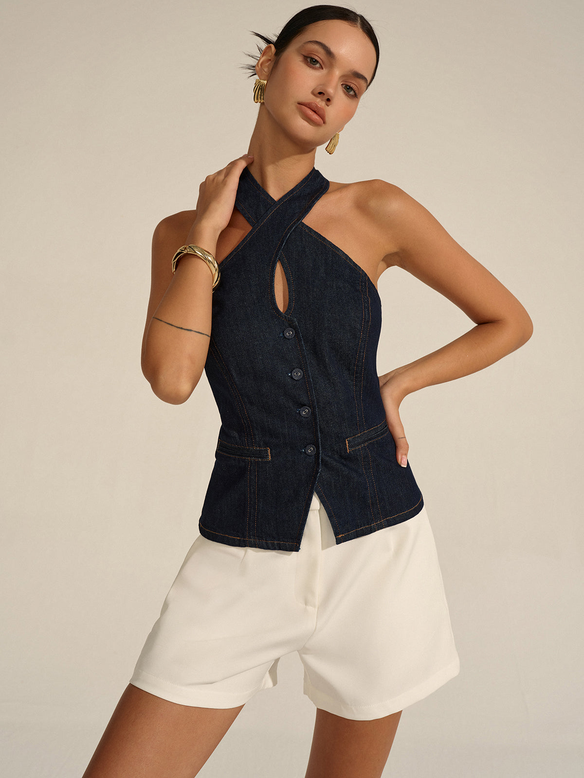 Denim Halter Crisscross-Strap Backless Top