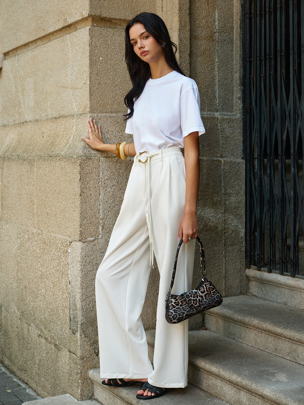 Belted High-Waisted Wide-Leg Pants