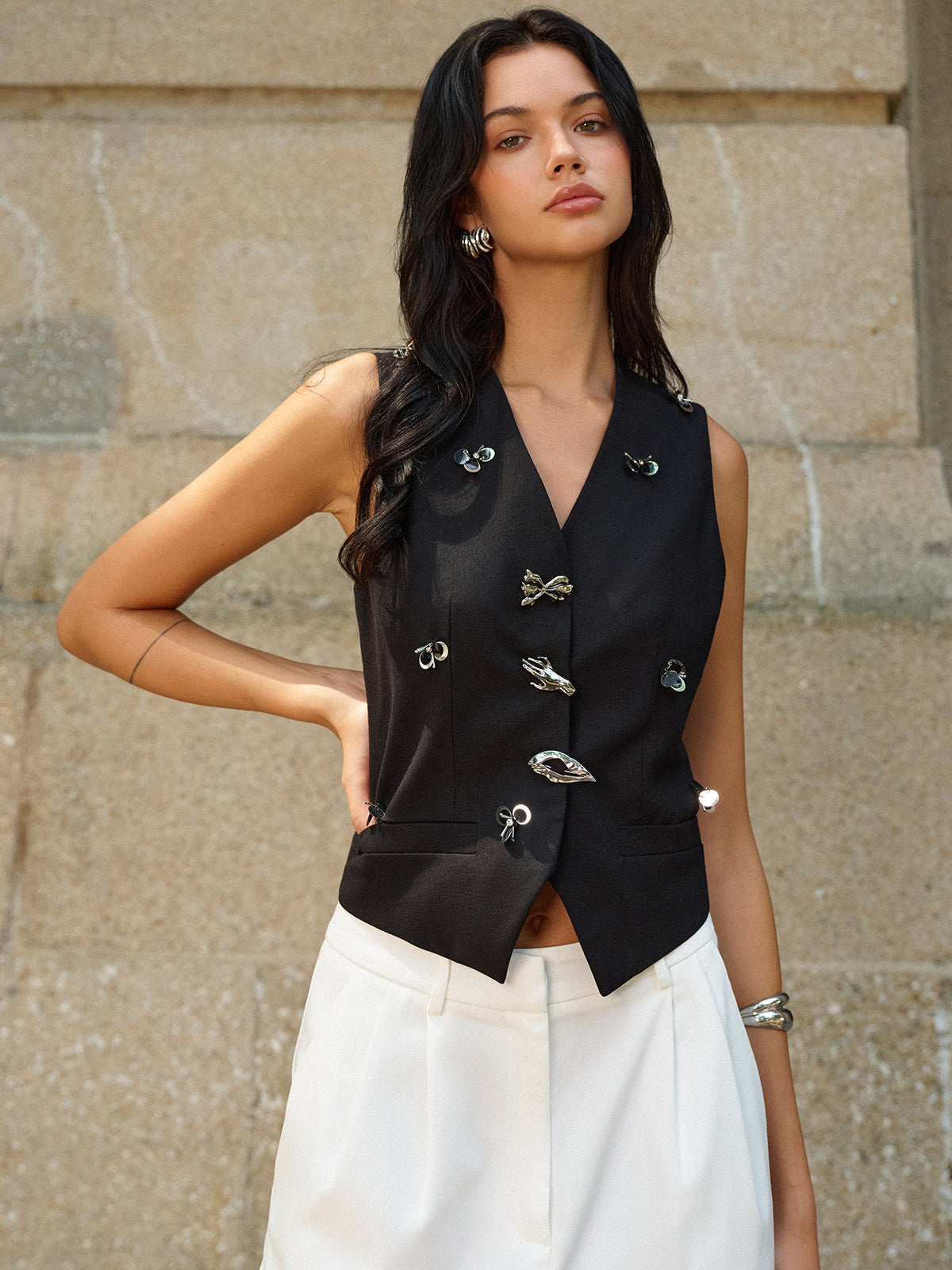 Metal Decor V-Neck Vest