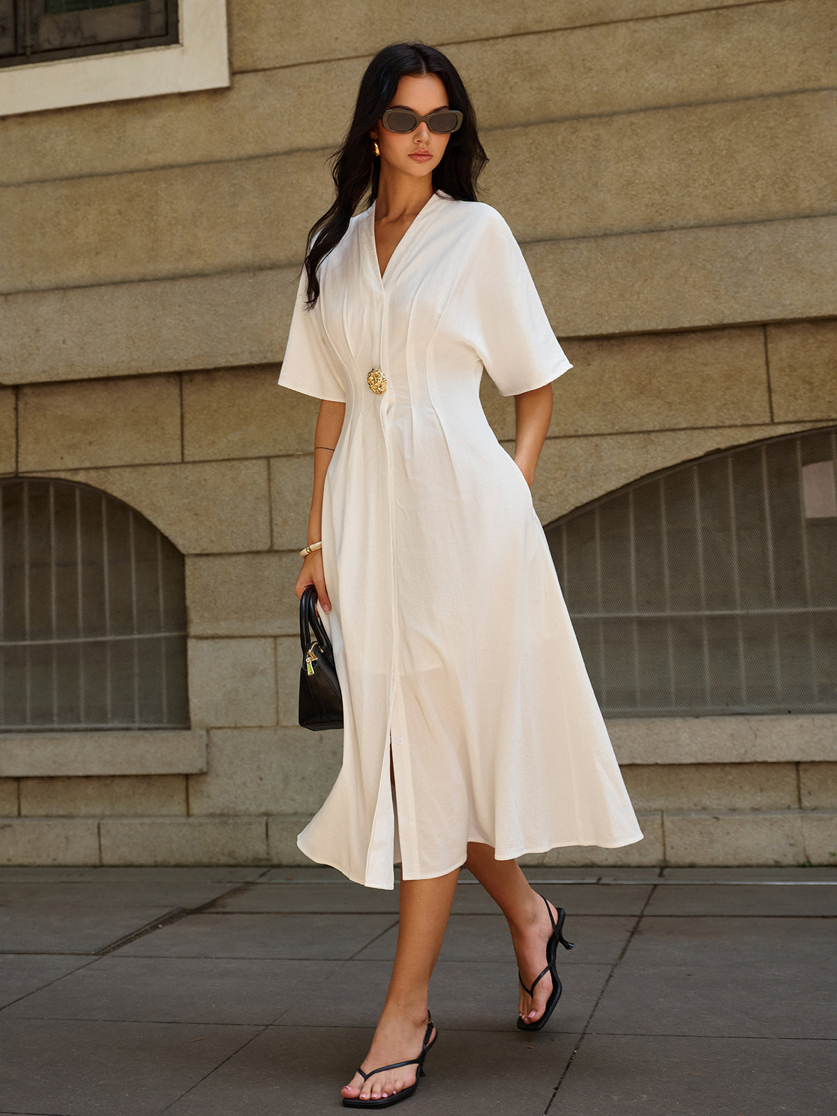 Metal Decor V-Neck Midi Dress