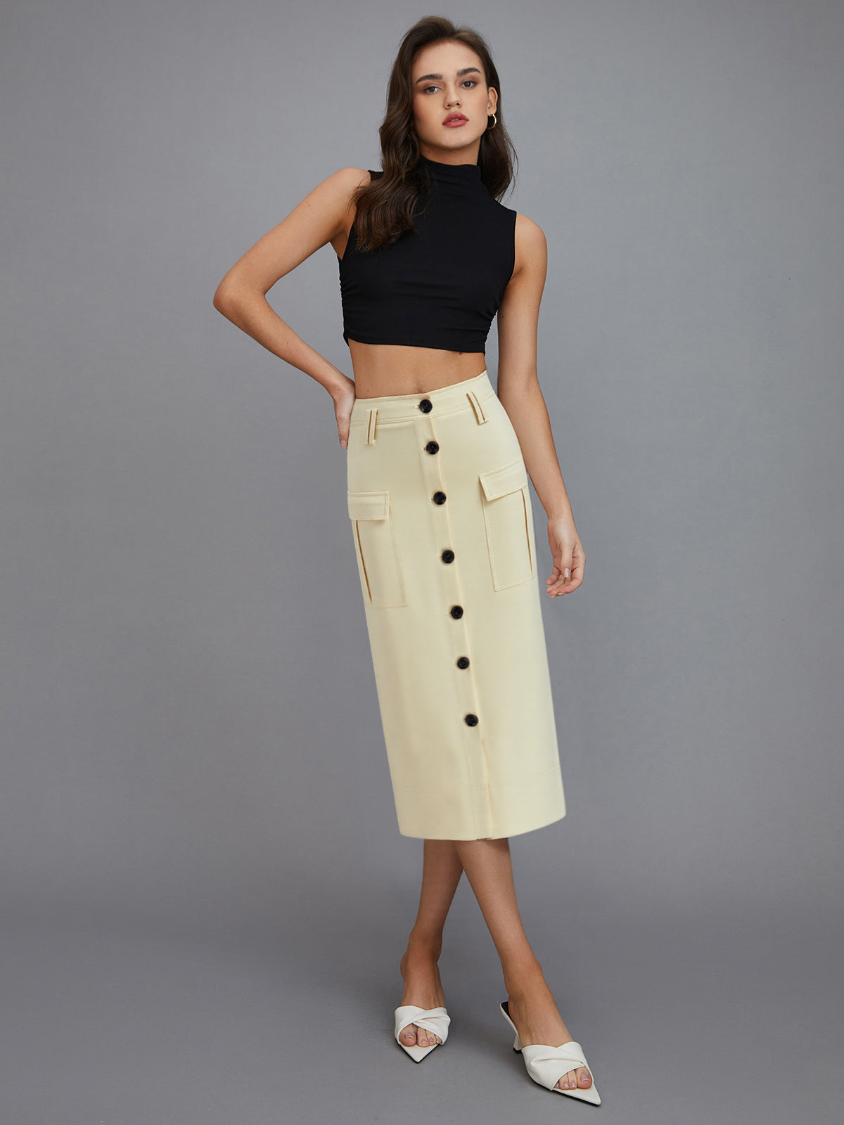 Pocketed Button-Front Midi Skirt
